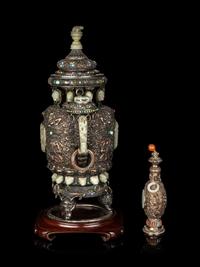 Two Mongolian Style Hardstone and Jade Embellished Metal Covered Vases