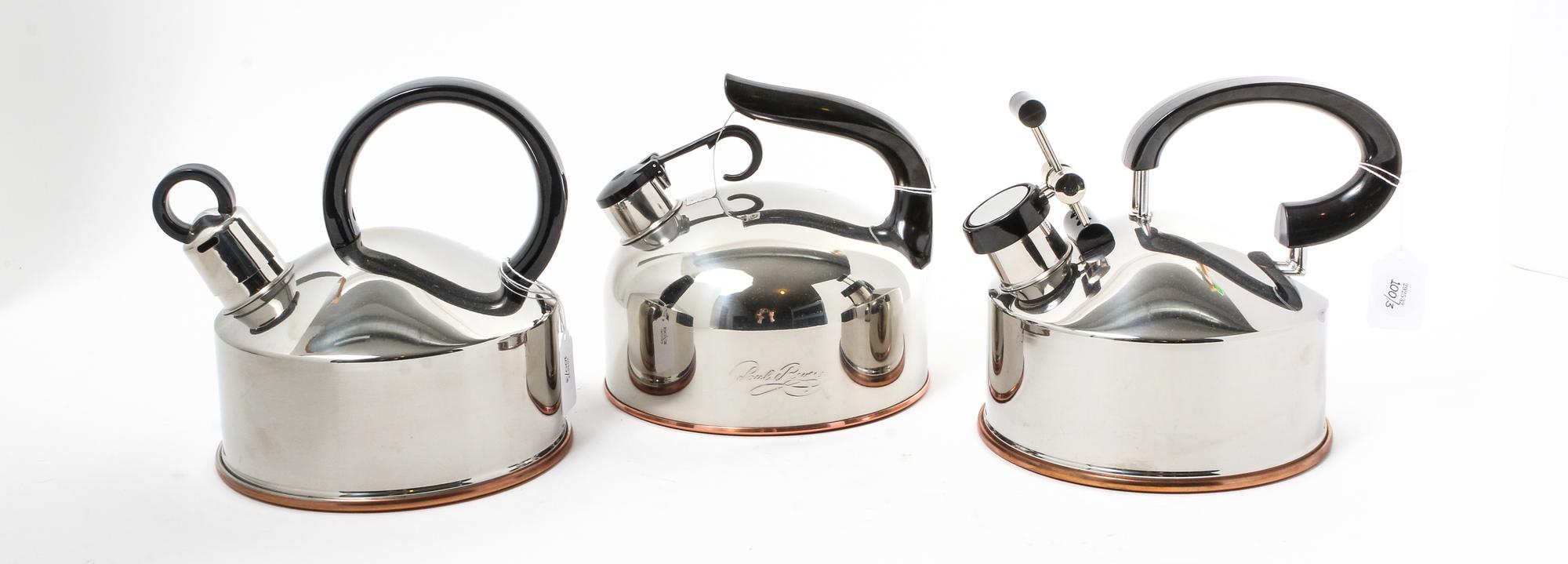 Three Stainless Steel Kettles Height of taller example 7 1/2 inches. — VARIOUS MAKERS