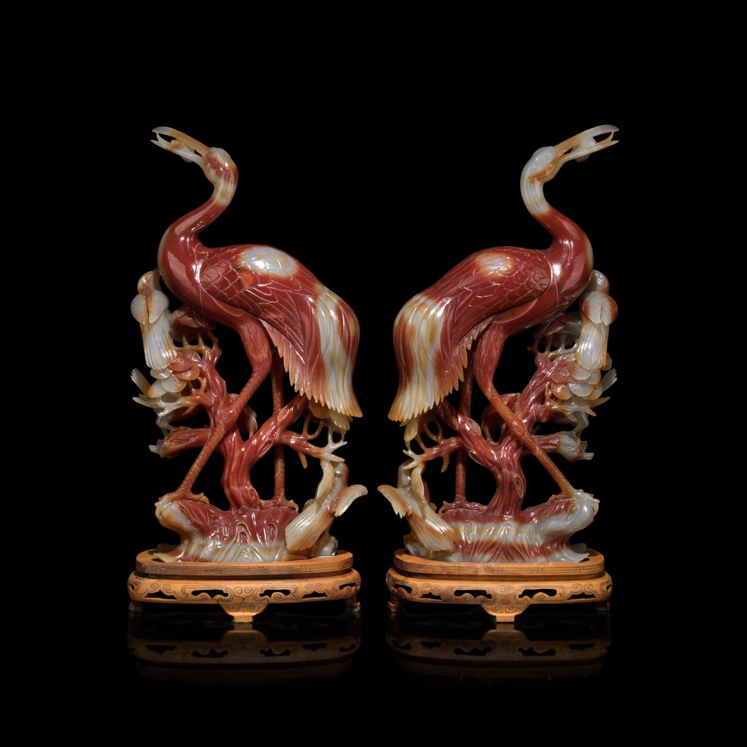 A Pair of Chinese Carved Carnelian Cranes, 20th Century 近代 紅瑪瑙雕瑞鶴一對