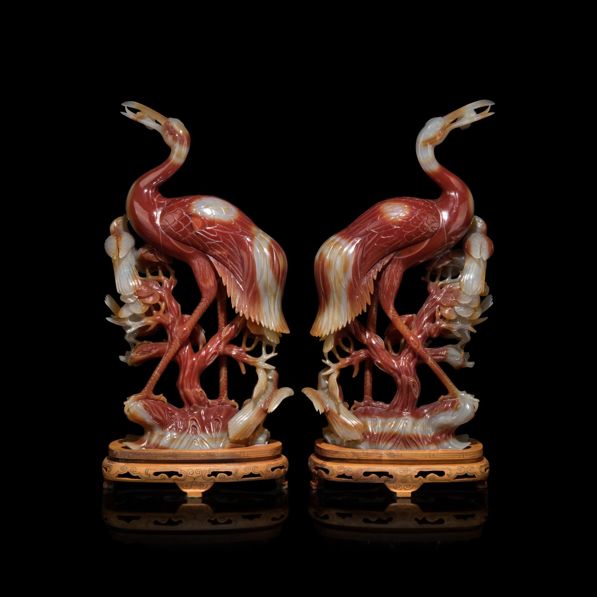 A Pair of Chinese Carved Carnelian Cranes, 20th Century 近代 紅瑪瑙雕瑞鶴一對