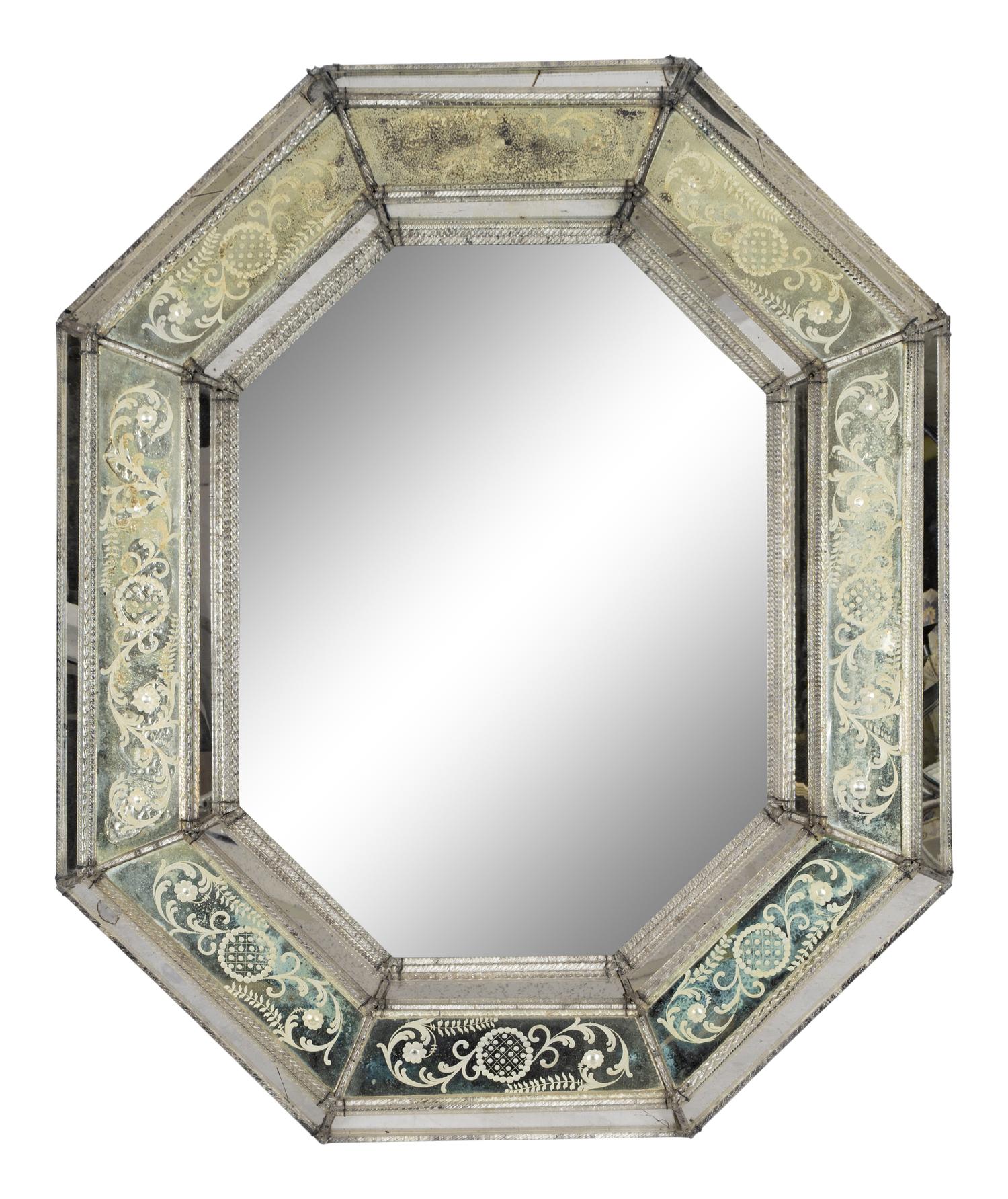 A Large Venetian Etched Glass Octagonal Parclose Mirror