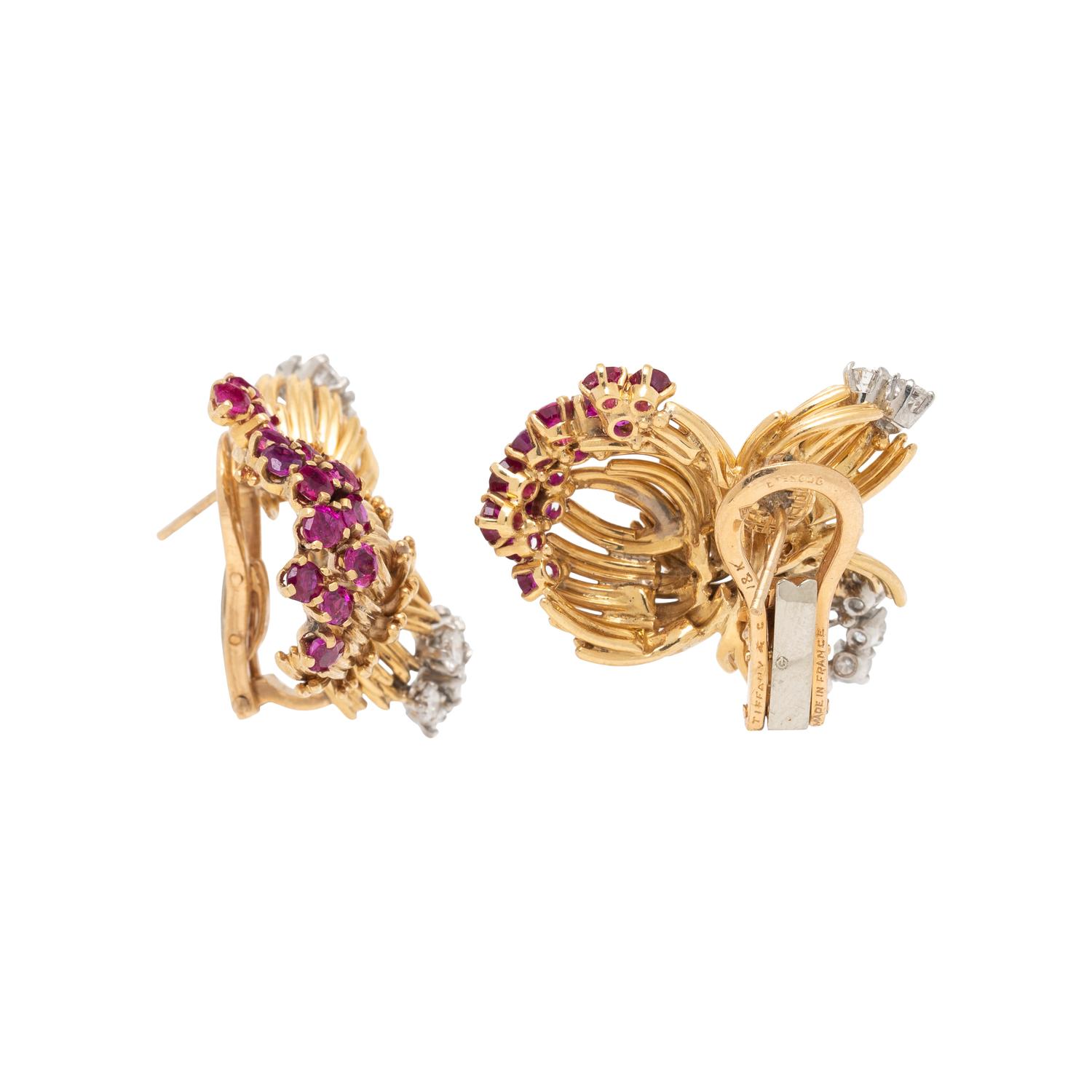 TIFFANY & CO., YELLOW GOLD, RUBY, AND DIAMOND EARRINGS