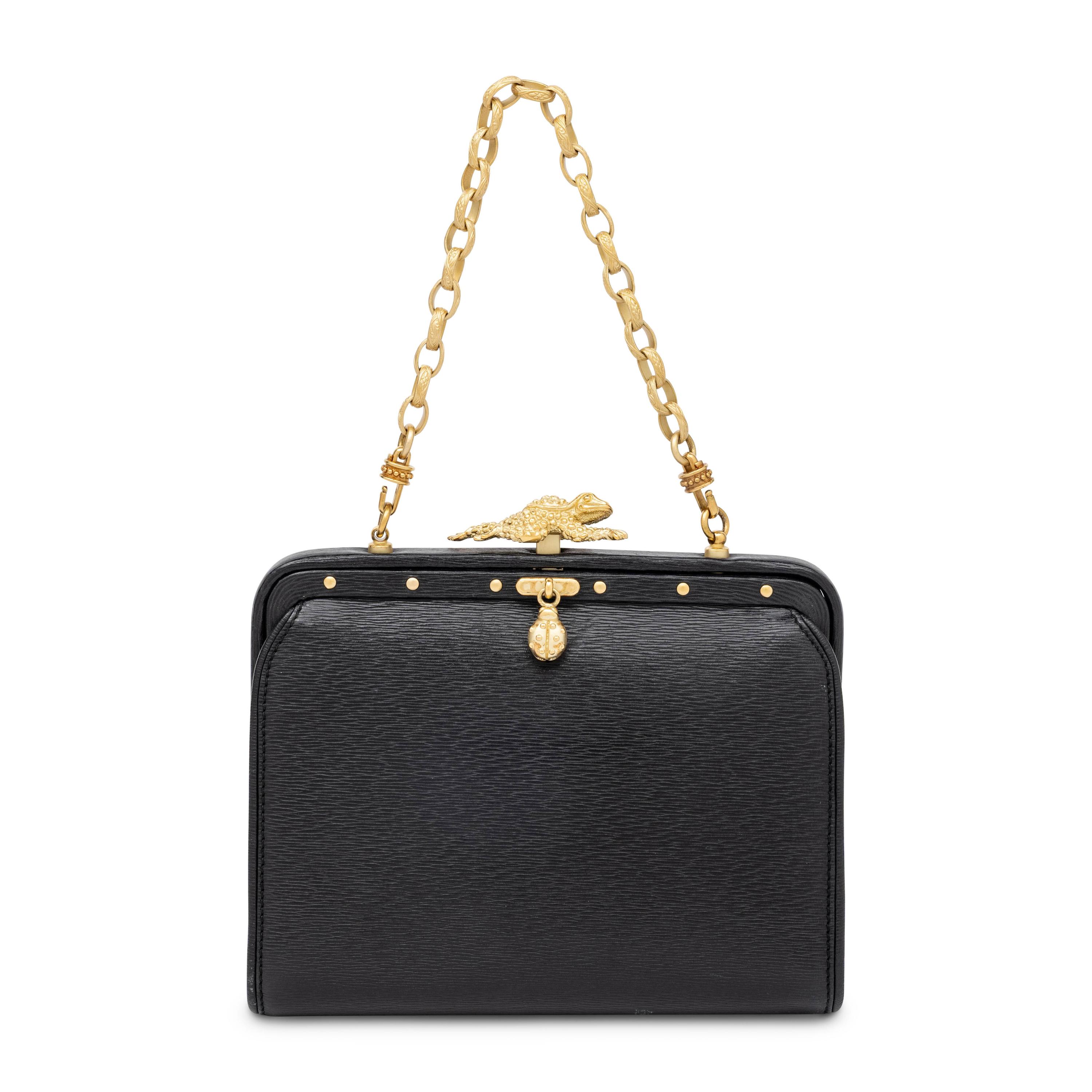 Kieselstein-Cord, Frame-Top Frog Clasp Handbag in Black Leather