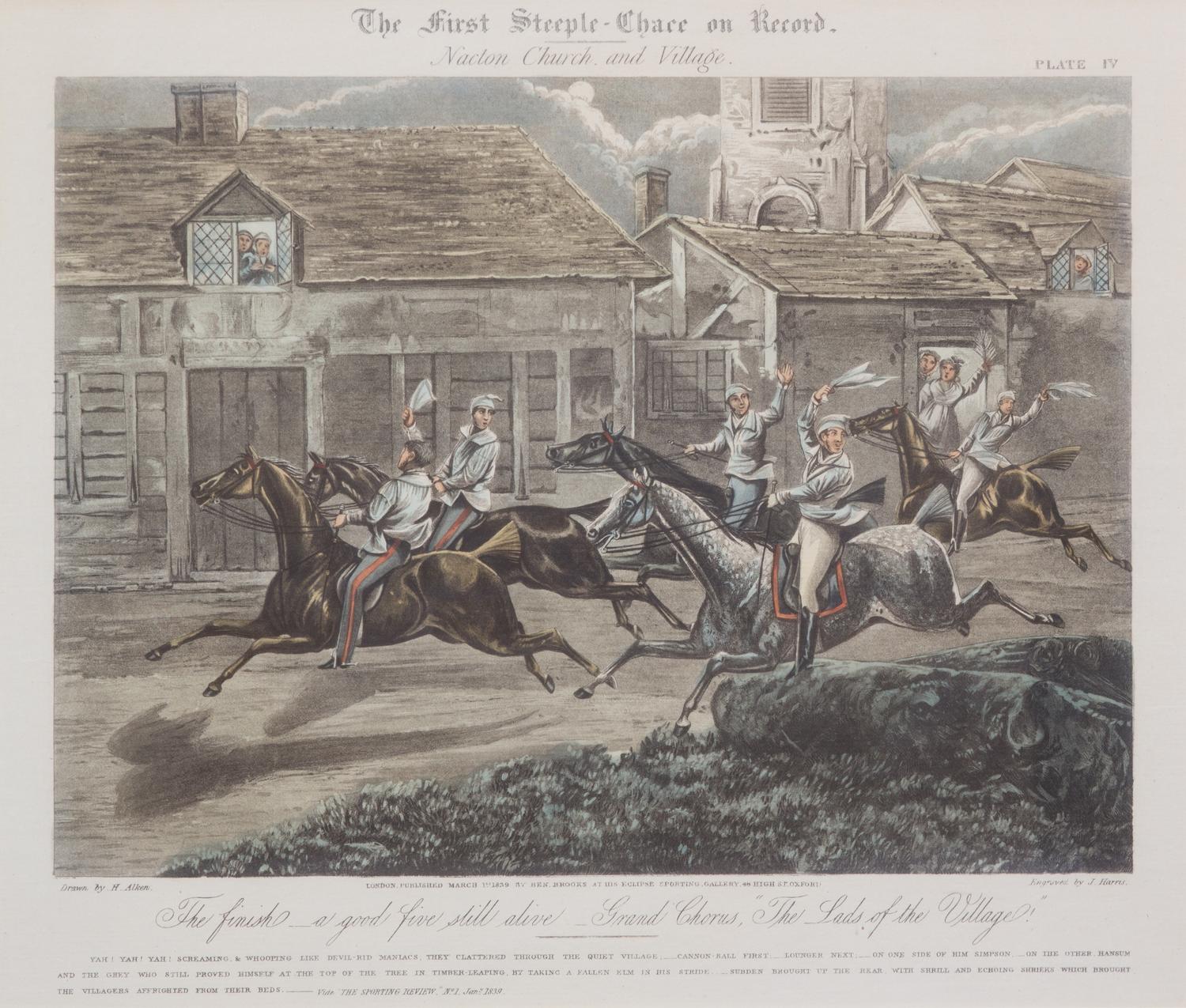 Henry ALKEN, after - J. HARRIS, engraver Image 10 3/4 x 14 1/2 inches. — The First Steeple Chase on Record, Plates I-IV