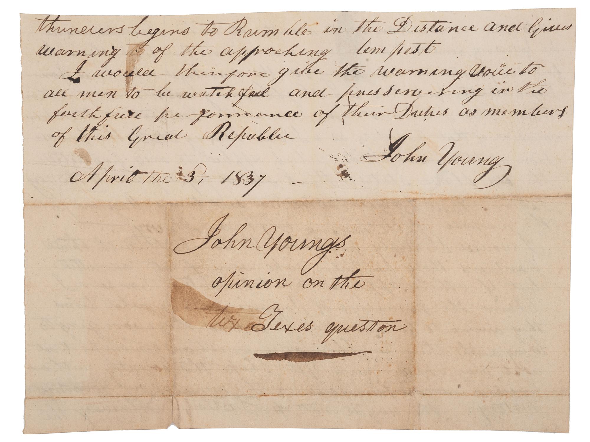 [SLAVERY & ABOLITION] -- [TEXAS] -- YOUNG, John (1802-1852). Manuscript "opinion on the Texes [ sic ] question" signed ("John Young") as U.S. Representative from the state of New York. 3 April 1837.