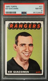 A 1965 Topps Ed Giacomin Rookie Hockey Card No. 21 (PSA 8 NM-MT)