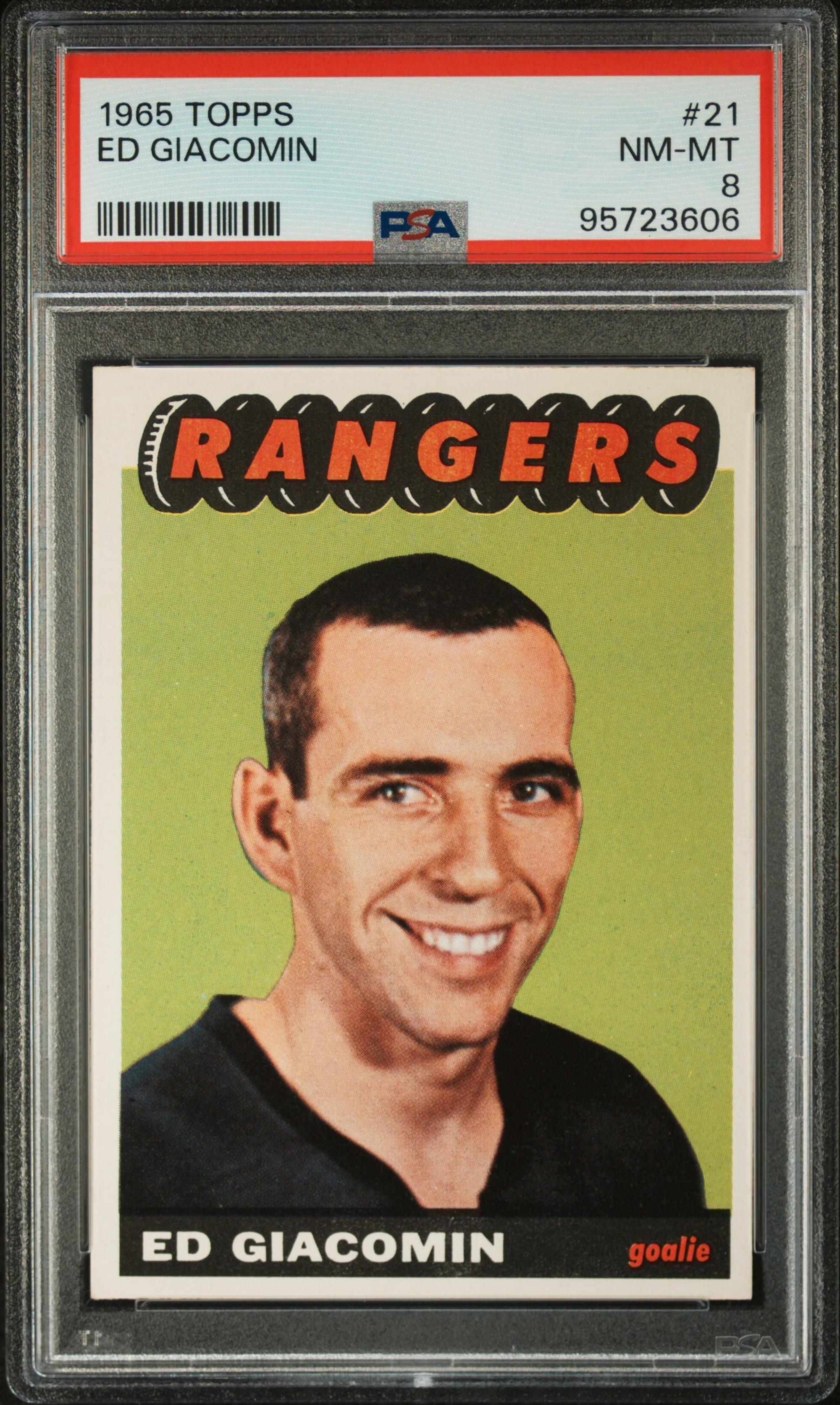 A 1965 Topps Ed Giacomin Rookie Hockey Card No. 21 (PSA 8 NM-MT)