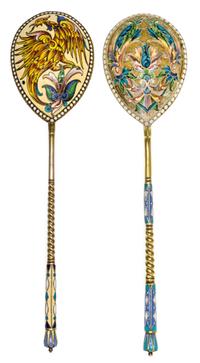 Two Russian Silver-Gilt and Enamel Spoons, Mark likely of Vasiily Agafonov, kokoshnik mark of Ivan Lebedkin, Moscow, late 19th/early 20
