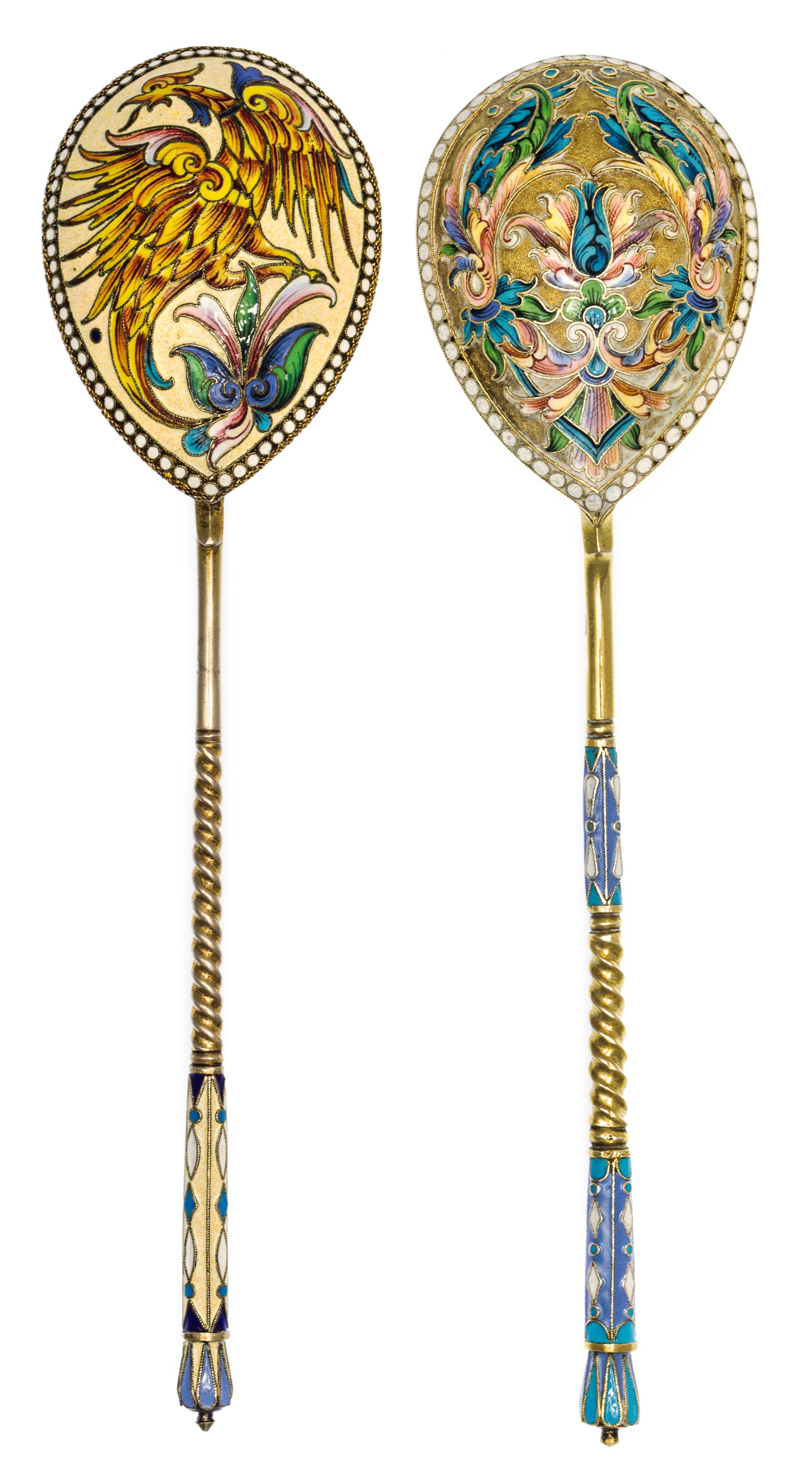 Two Russian Silver-Gilt and Enamel Spoons, Mark likely of Vasiily Agafonov, kokoshnik mark of Ivan Lebedkin, Moscow, late 19th/early 20