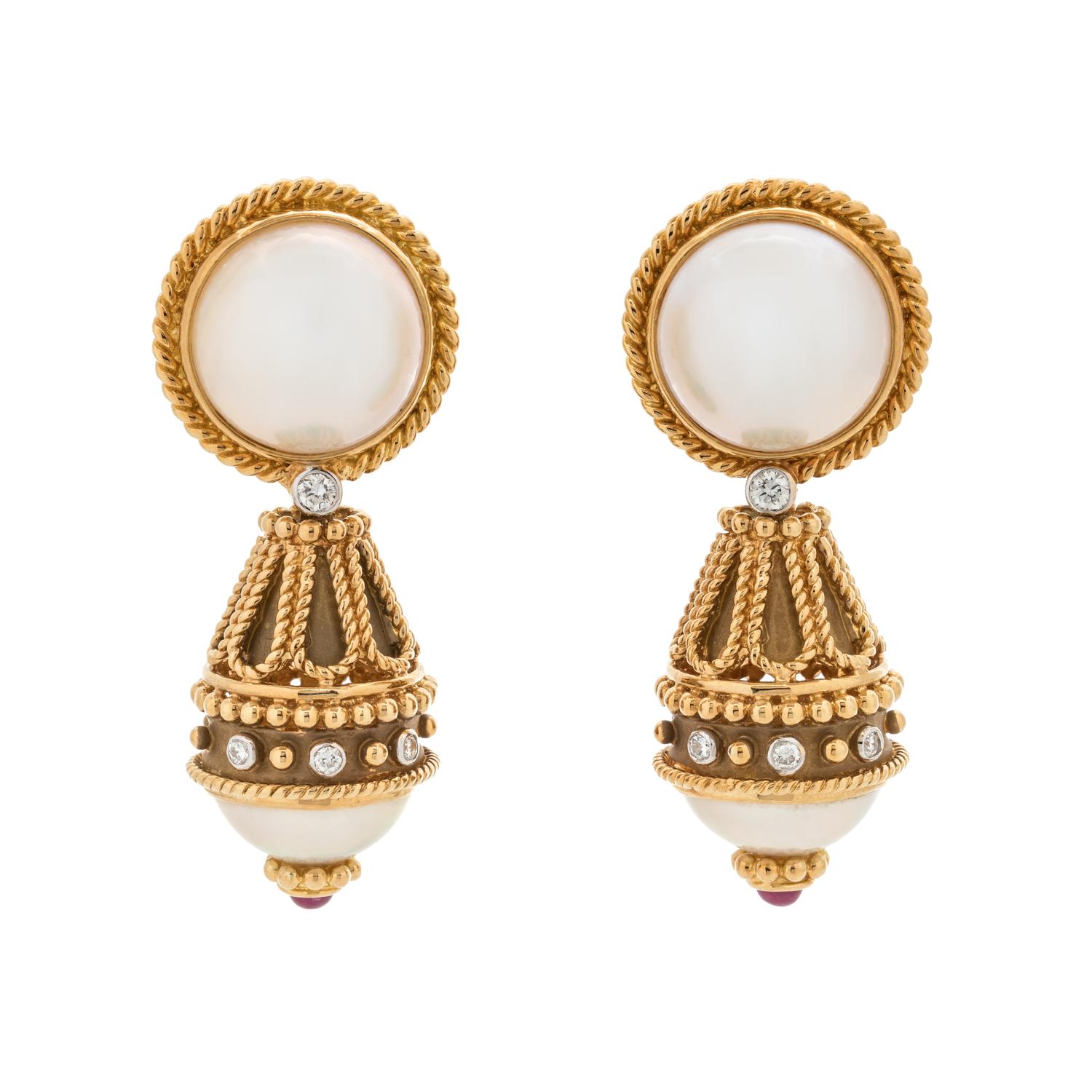 YELLOW GOLD, CULTURED MABE PEARL AND DIAMOND CONVERTIBLE EARCLIPS