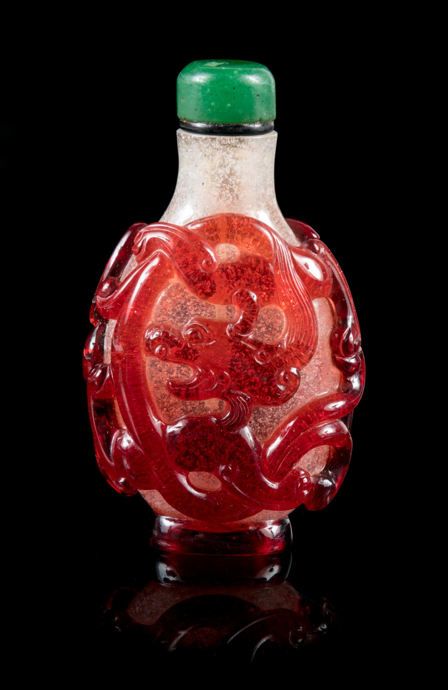 A Fine Red Overlay 'Snowstorm' Glass Snuff Bottle Height 2 5/8 inches. — PROBABLY IMPERIAL, ATTRIBUTED TO THE PALACE WORKSHOPS, 1740-1820