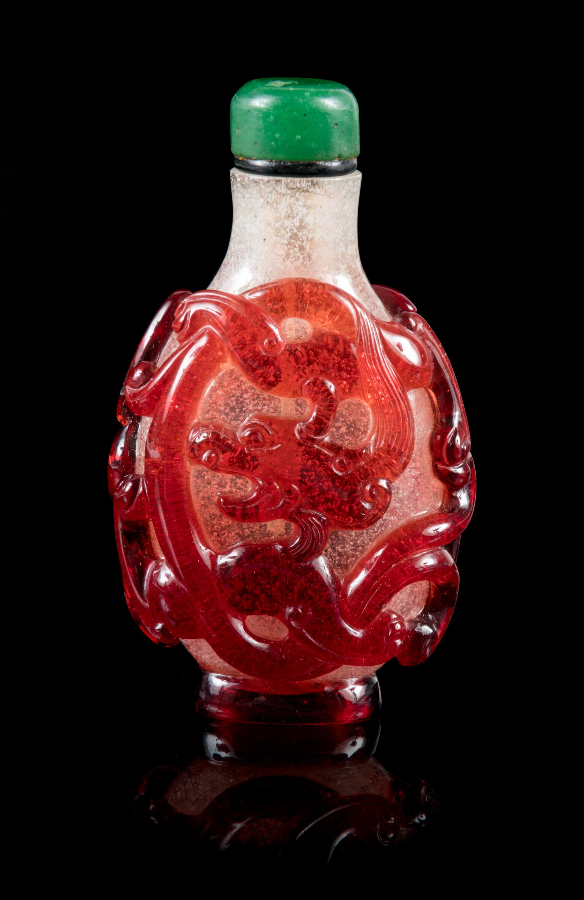 A Fine Red Overlay 'Snowstorm' Glass Snuff Bottle Height 2 5/8 inches. — PROBABLY IMPERIAL, ATTRIBUTED TO THE PALACE WORKSHOPS, 1740-1820
