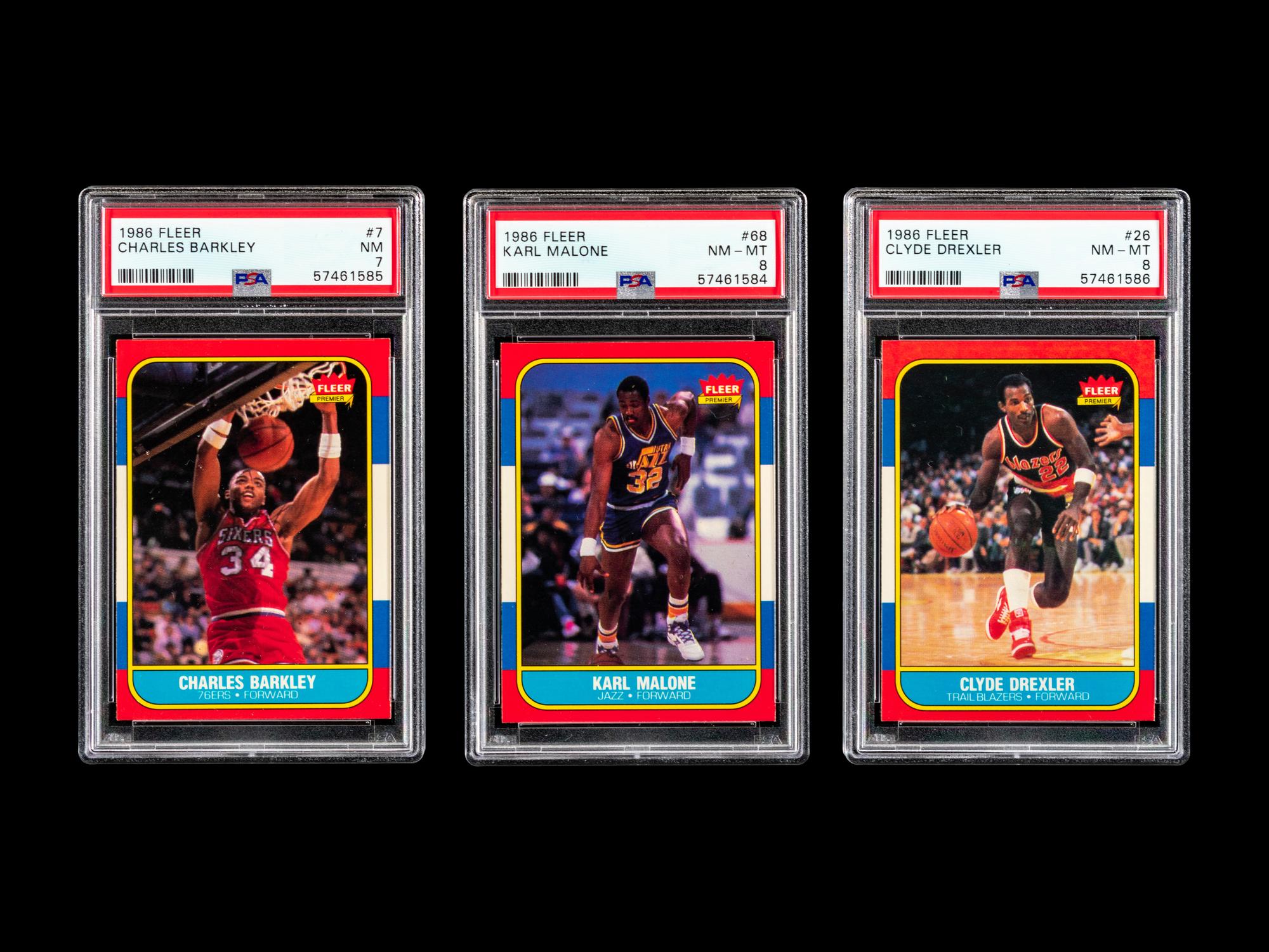 A Group of 1986 Fleer Charles Barkley, Clyde Drexler and Karl Malone PSA Graded Rookie Basketball Cards,