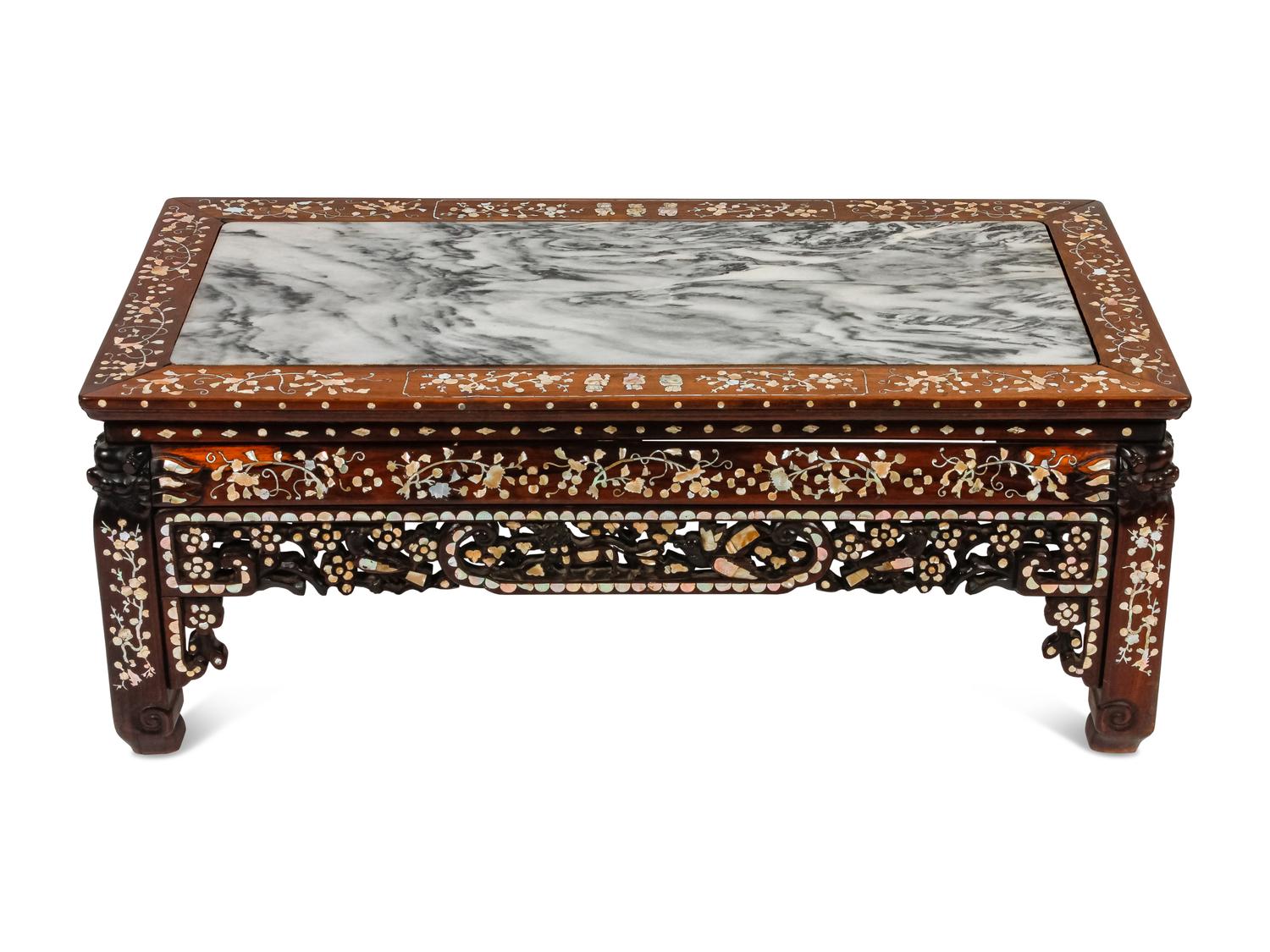 A Chinese Mother-of-Pearl Inlaid Rosewood Settee and a Low Table