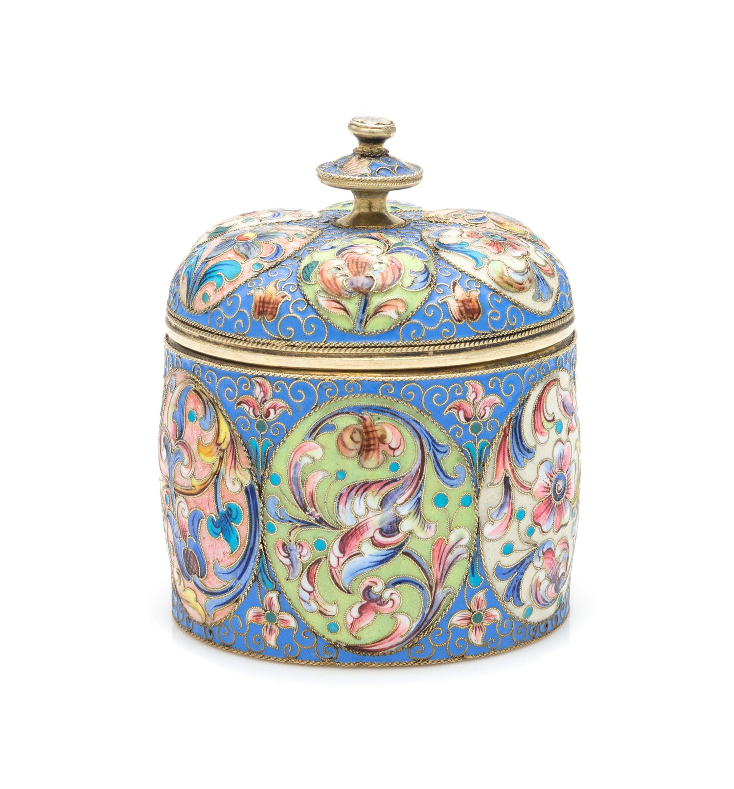 A Russian Enameled Silver Tea Caddy, Mark Likely of Gustav Klingert, Moscow, Late 19th/Early 20th Century, the lobed lid and body havin