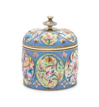 A Russian Enameled Silver Tea Caddy, Mark Likely of Gustav Klingert, Moscow, Late 19th/Early 20th Century, the lobed lid and body havin