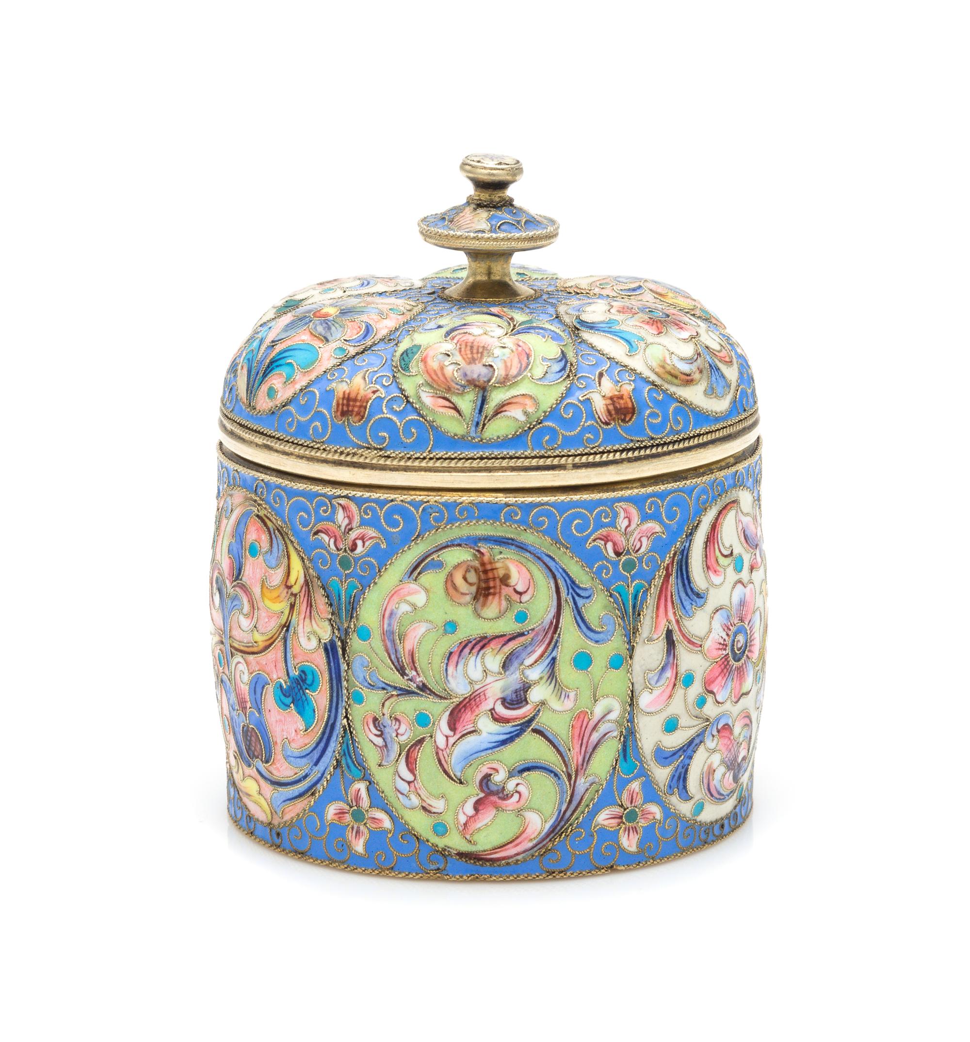 A Russian Enameled Silver Tea Caddy, Mark Likely of Gustav Klingert, Moscow, Late 19th/Early 20th Century, the lobed lid and body havin