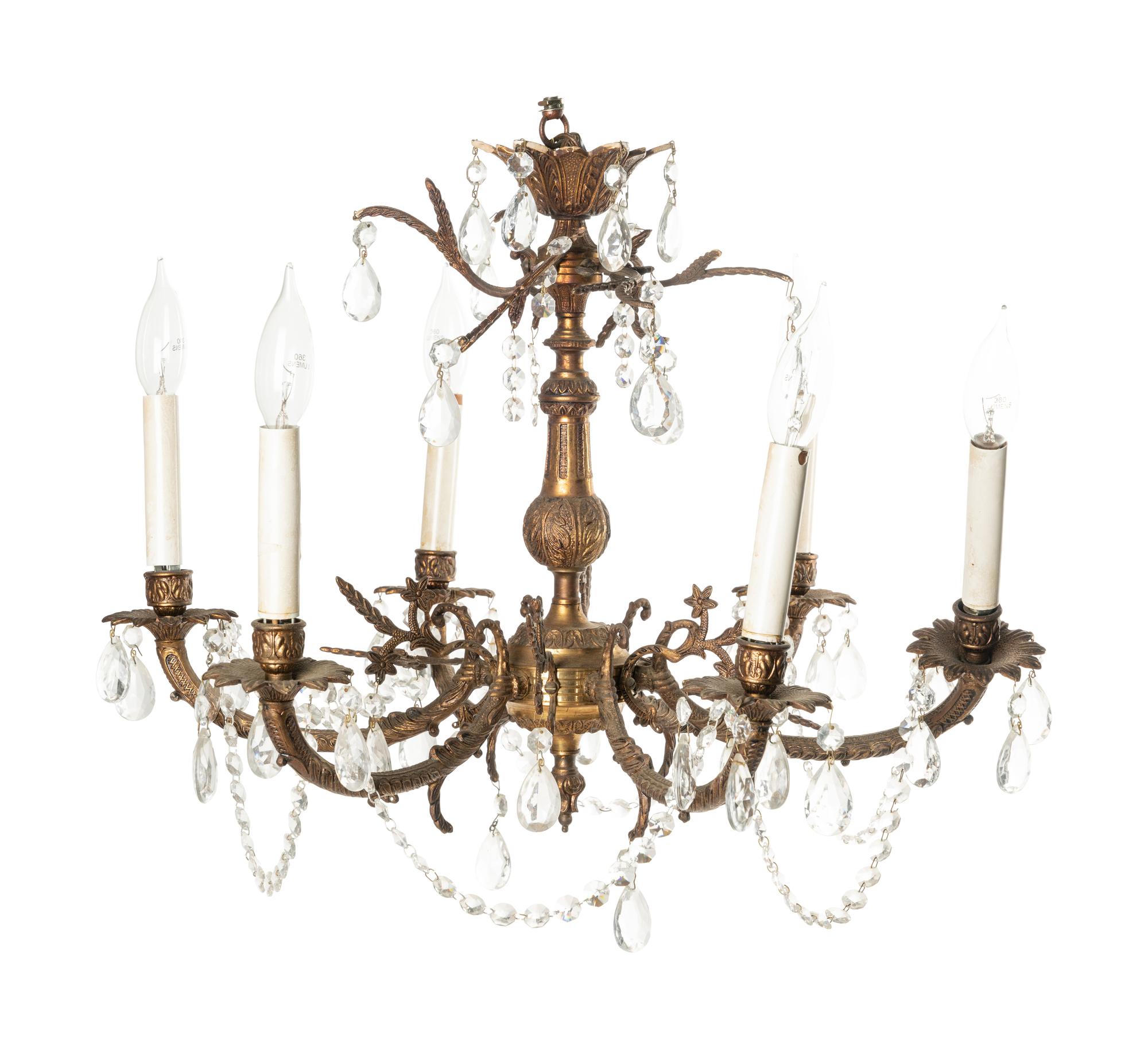 A Pair of French Gilt Metal Six-Light Chandeliers