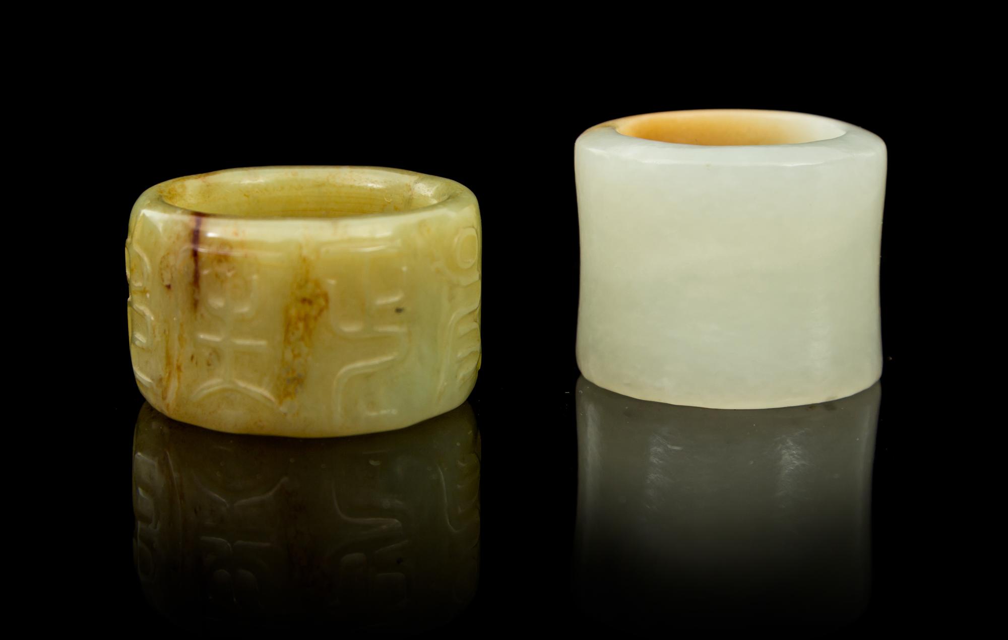 Two Jade Archer's Rings Diameter of interior of first 7/8 inches.