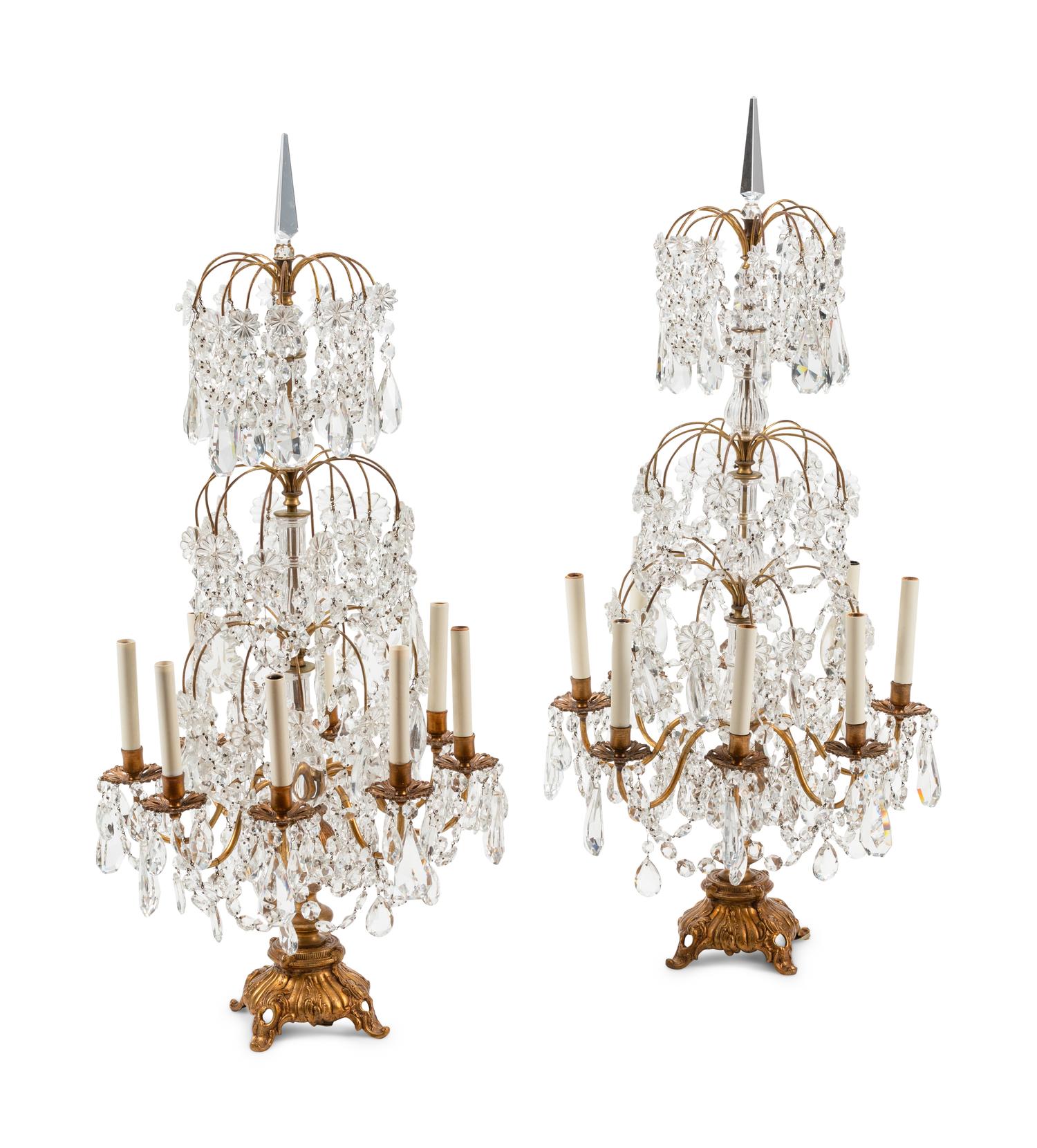 A Pair of French Gilt Bronze and Cut Glass Eight-Light Candelabra