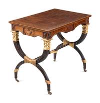 A Regency Style Inlaid Mahogany, Ebonized and Parcel-Gilt Side Table