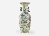 A Chinese famille-rose decorated molded celadon ground vase, 19th century 粉青地粉彩模印貫耳瓶 十九世紀