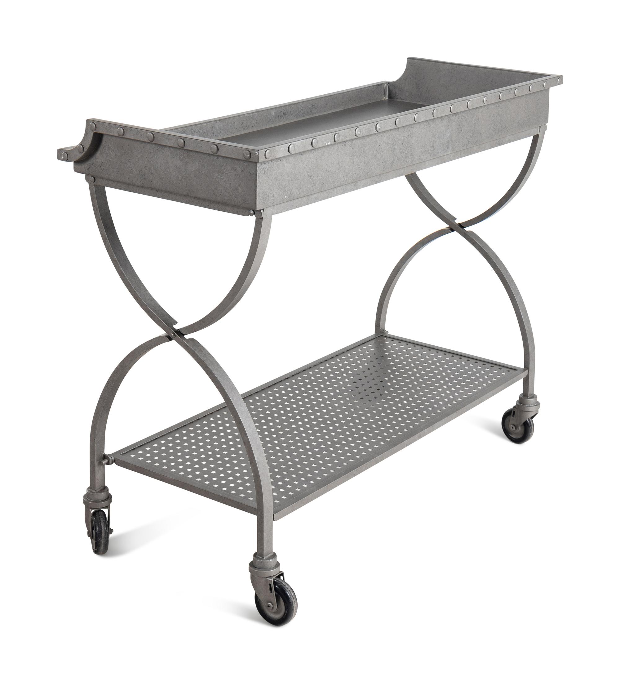 A Pair of Patinated Metal Two-Tier Serving Carts