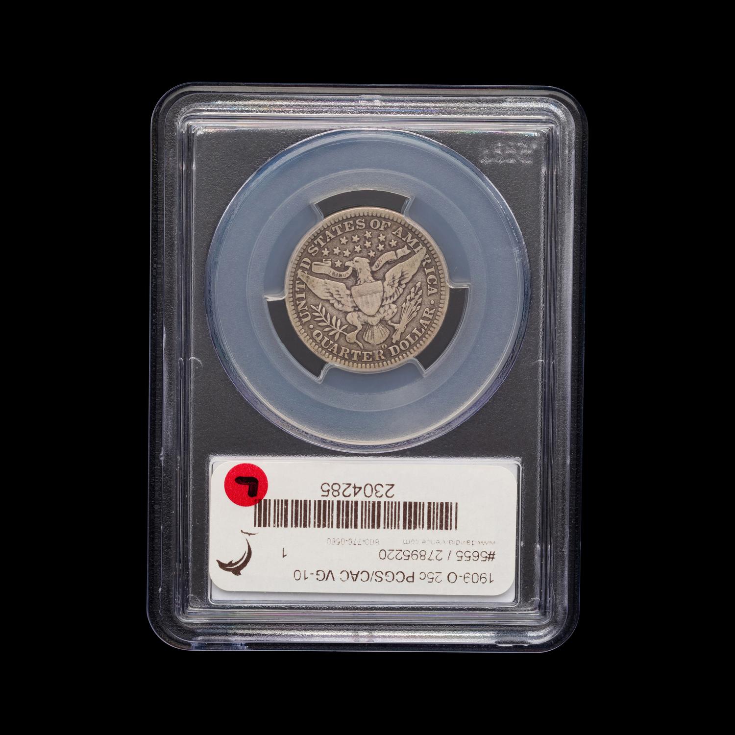 A 1909-O Barber 25c Coin [PCGS VG10; CAC Green Sticker]
