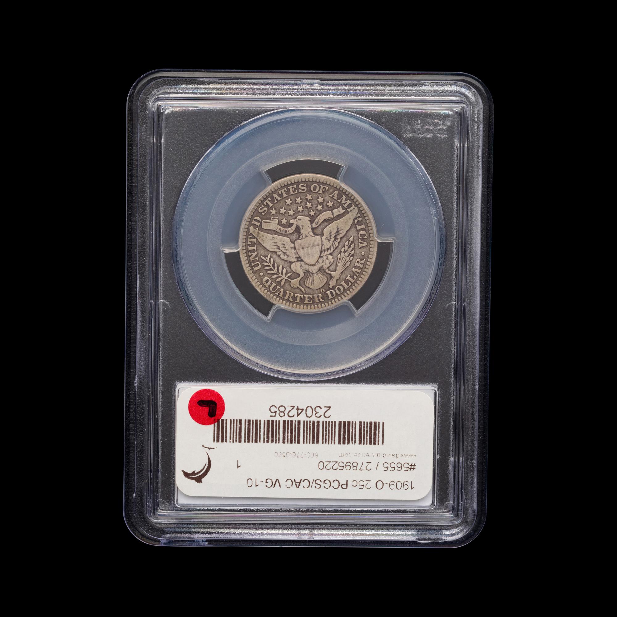 A 1909-O Barber 25c Coin [PCGS VG10; CAC Green Sticker]