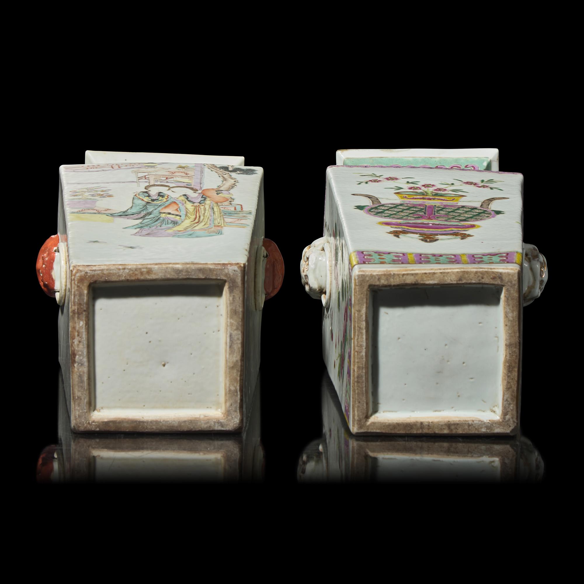 Two Chinese Famille Rose Porcelain Square Vases 粉彩四方瓶兩件