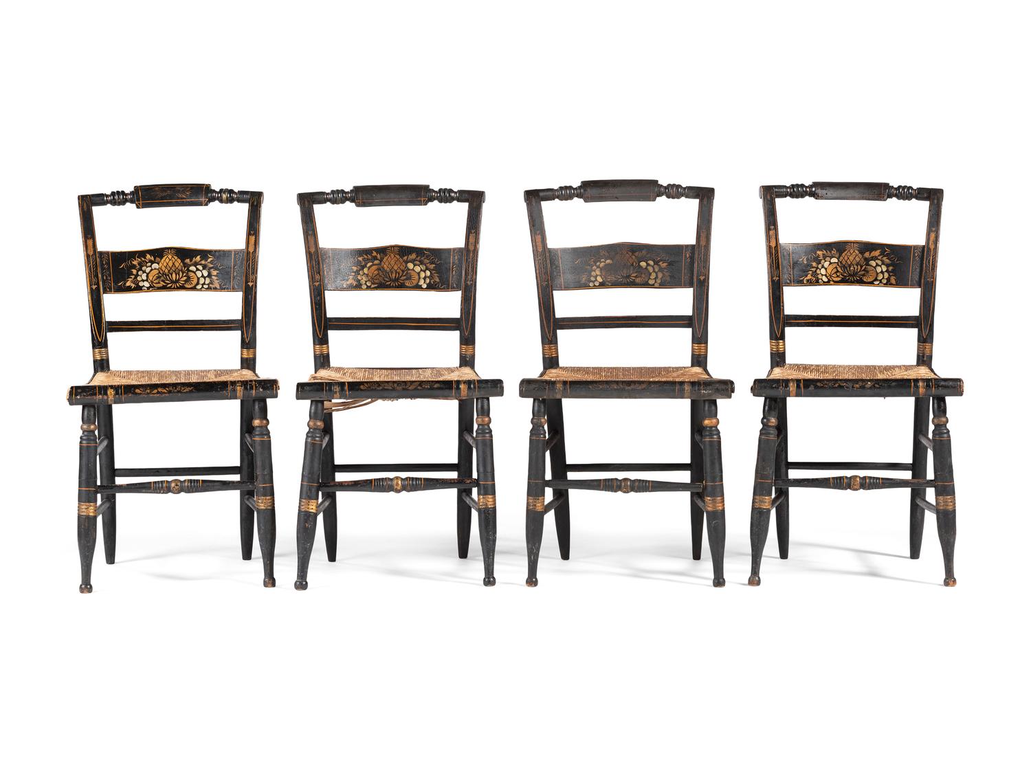 A Set of Four Stencil and Parcel Gilt Decorated Rush-Seat Hitchcock Side Chairs
