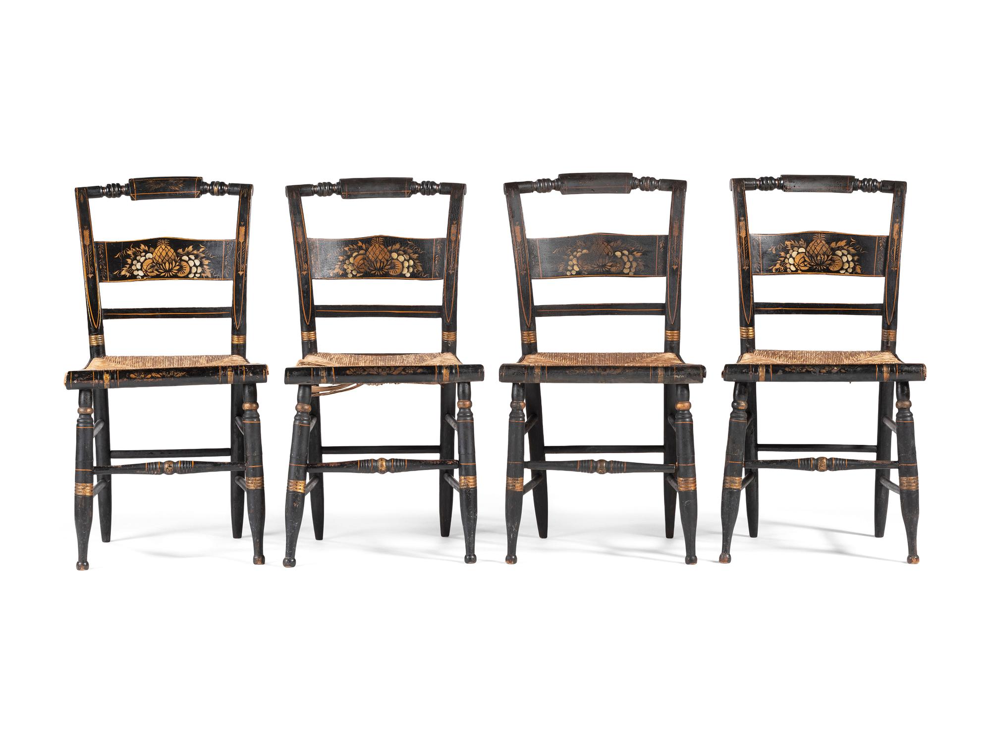 A Set of Four Stencil and Parcel Gilt Decorated Rush-Seat Hitchcock Side Chairs
