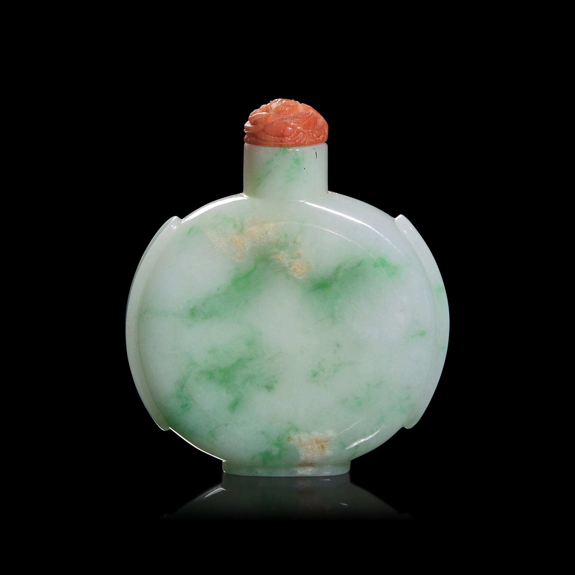 A Chinese Carved Jadeite Flask Form Snuff Bottle