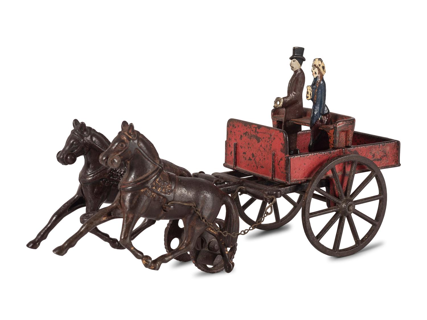 A Carpenter Cast Iron Horse Drawn Cart with Two Figures