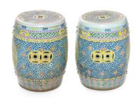 A Pair of Chinese Famille Rose Porcelain Garden Stools Height 18 1/2 inches. — LATE 19TH/EARLY 20TH CENTURY