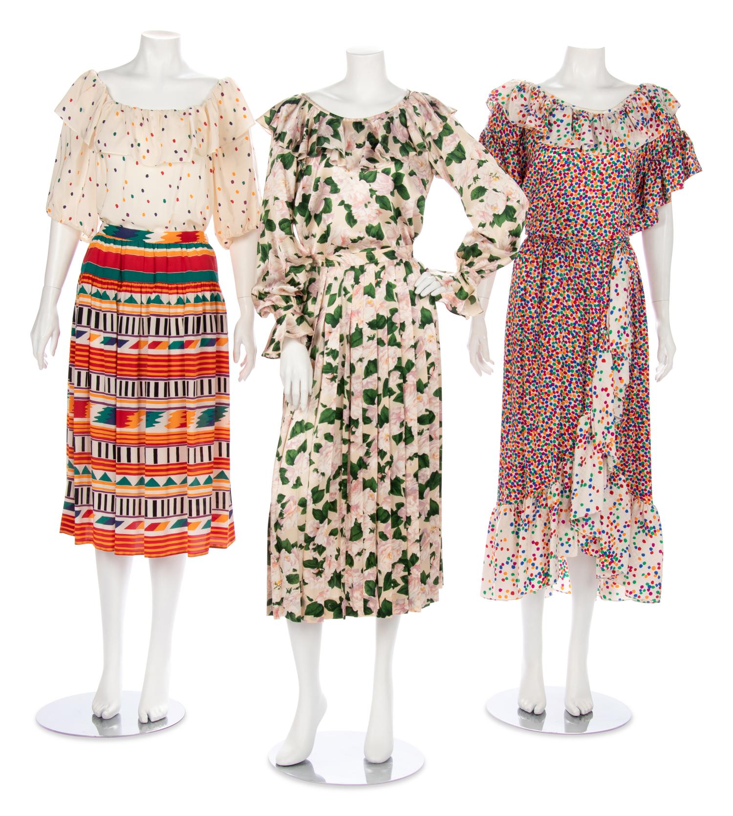 Three Vintage Silk Designer Summer Dresses; Two Yves Saint Laurent, One Oscar de la Renta, 1980s:
