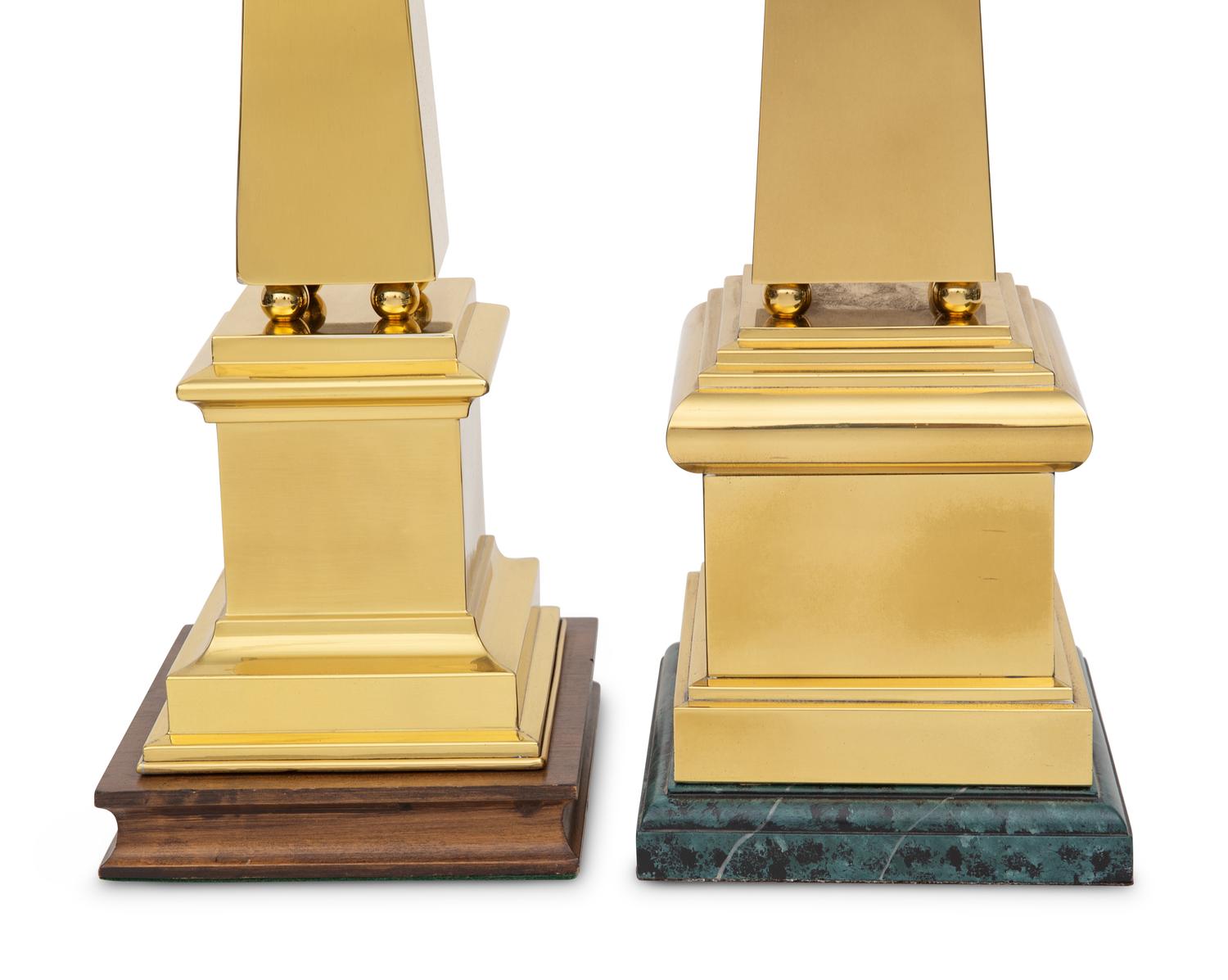 Two Polished Brass Obelisks