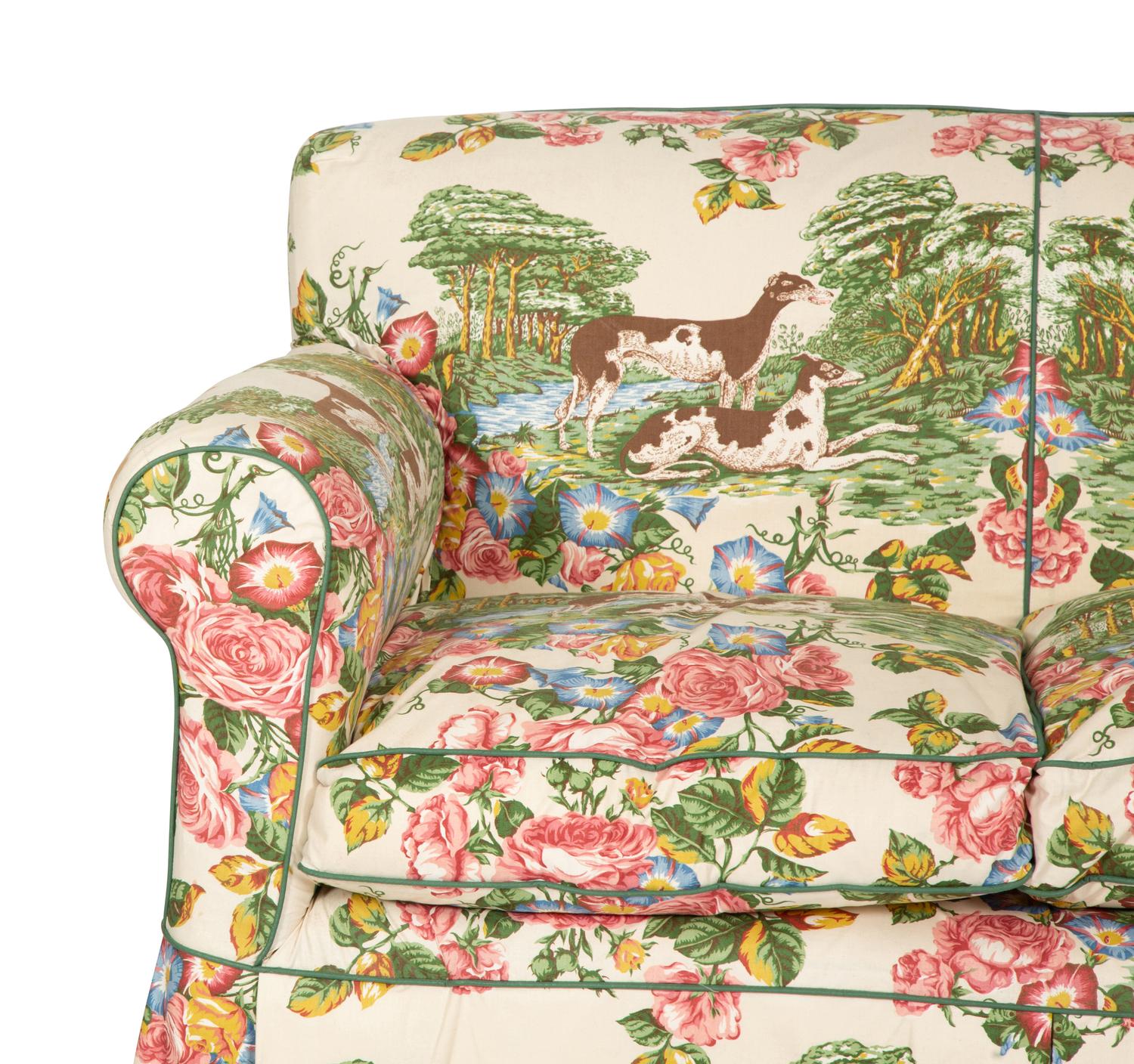 A Printed Cotton-Upholstered Two-Cushion Sofa