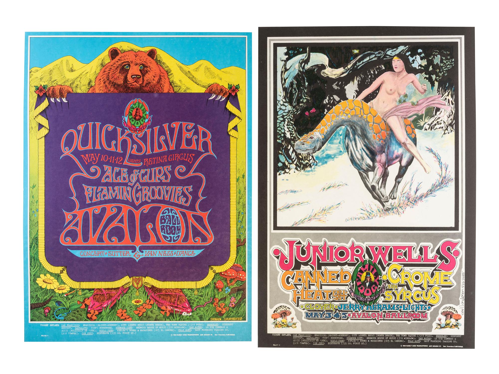[MUSIC] -- [POSTERS]. LUNDGREN, Carl, SCHNEPF, Bob, HENRY, William S., THOMPSON, John, artists. A group of 8 Family Dog posters from 1968, comprising: