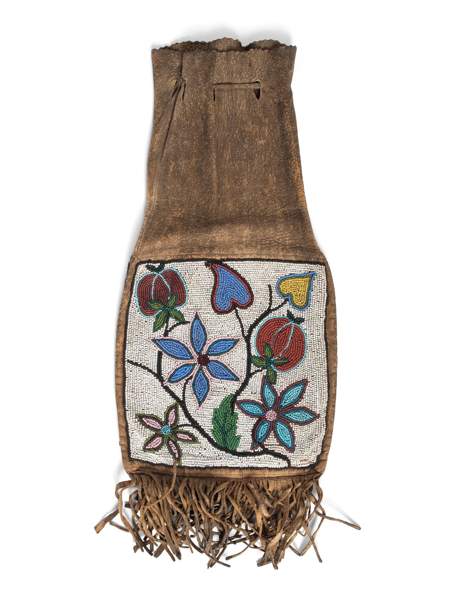 Great Lakes Beaded Hide Tobacco Bag, Depicting Flowers in a Vase