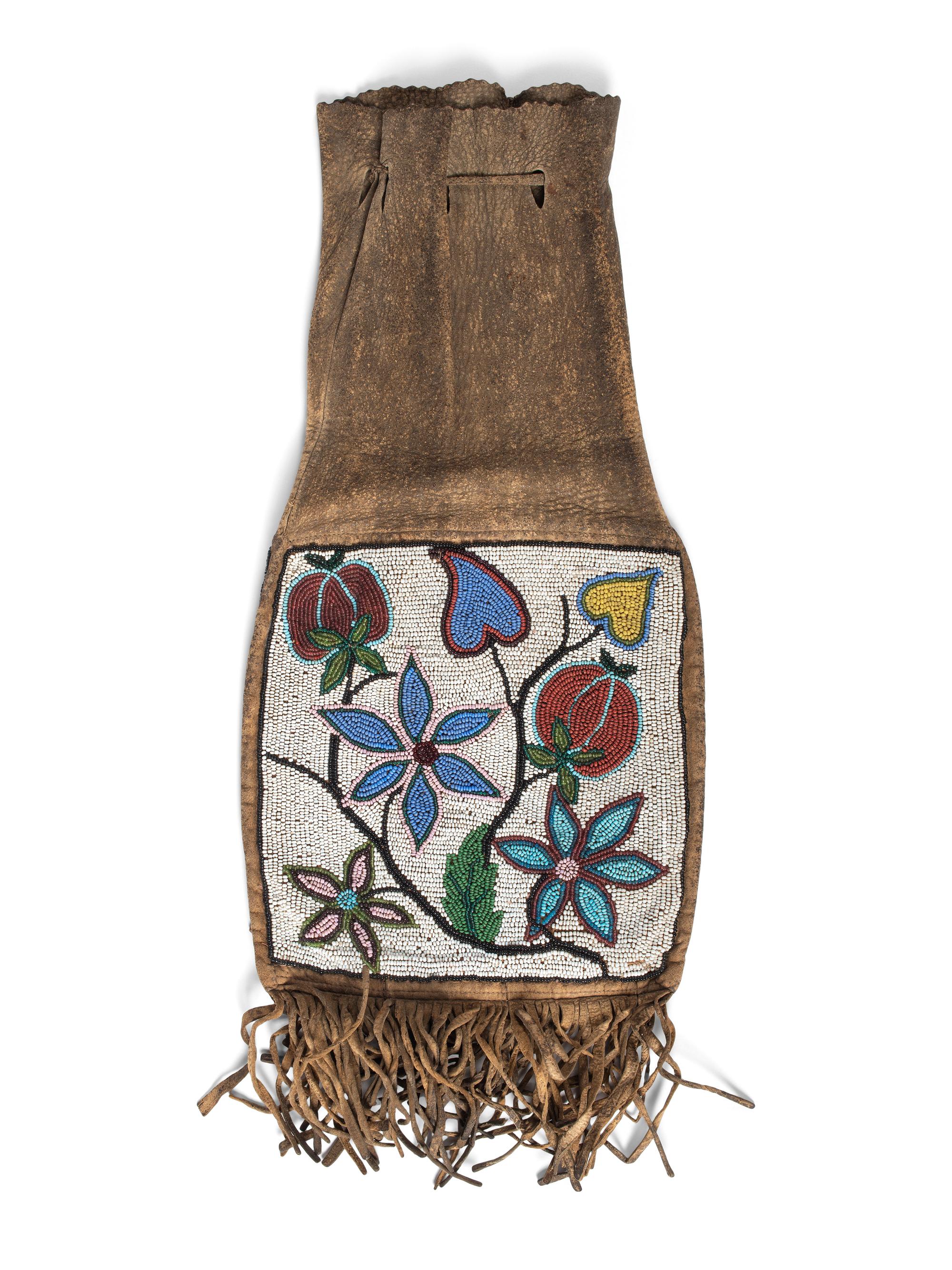 Great Lakes Beaded Hide Tobacco Bag, Depicting Flowers in a Vase