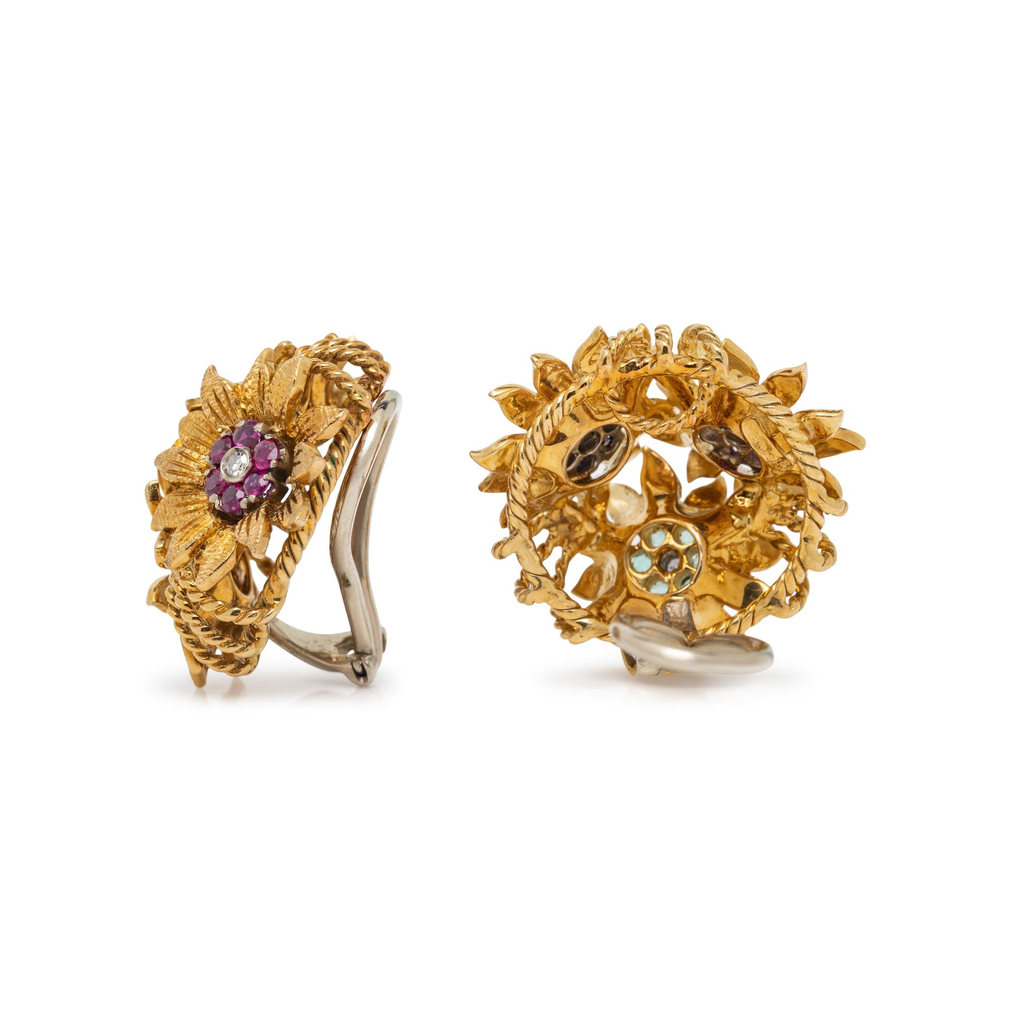 YELLOW GOLD, DIAMOND, AND MULTIGEM FLOWER EARRINGS