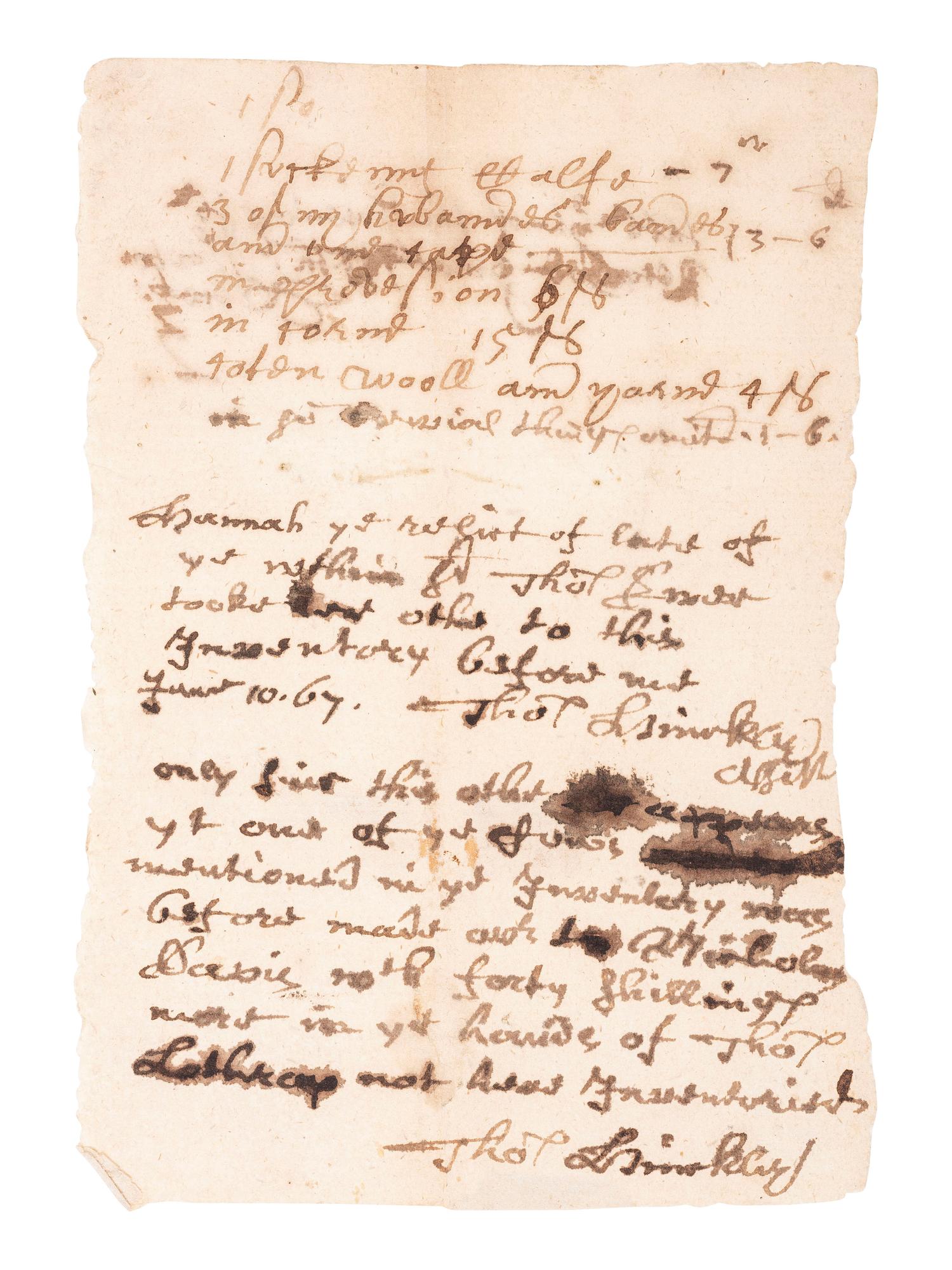[COLONIAL]. Manuscript signed by Thomas HINCKLEY (1618-1706), last Governor of Plymouth Colony, and Nathaniel MORTON (1613-1685), Plymouth Colony secretary and historian.