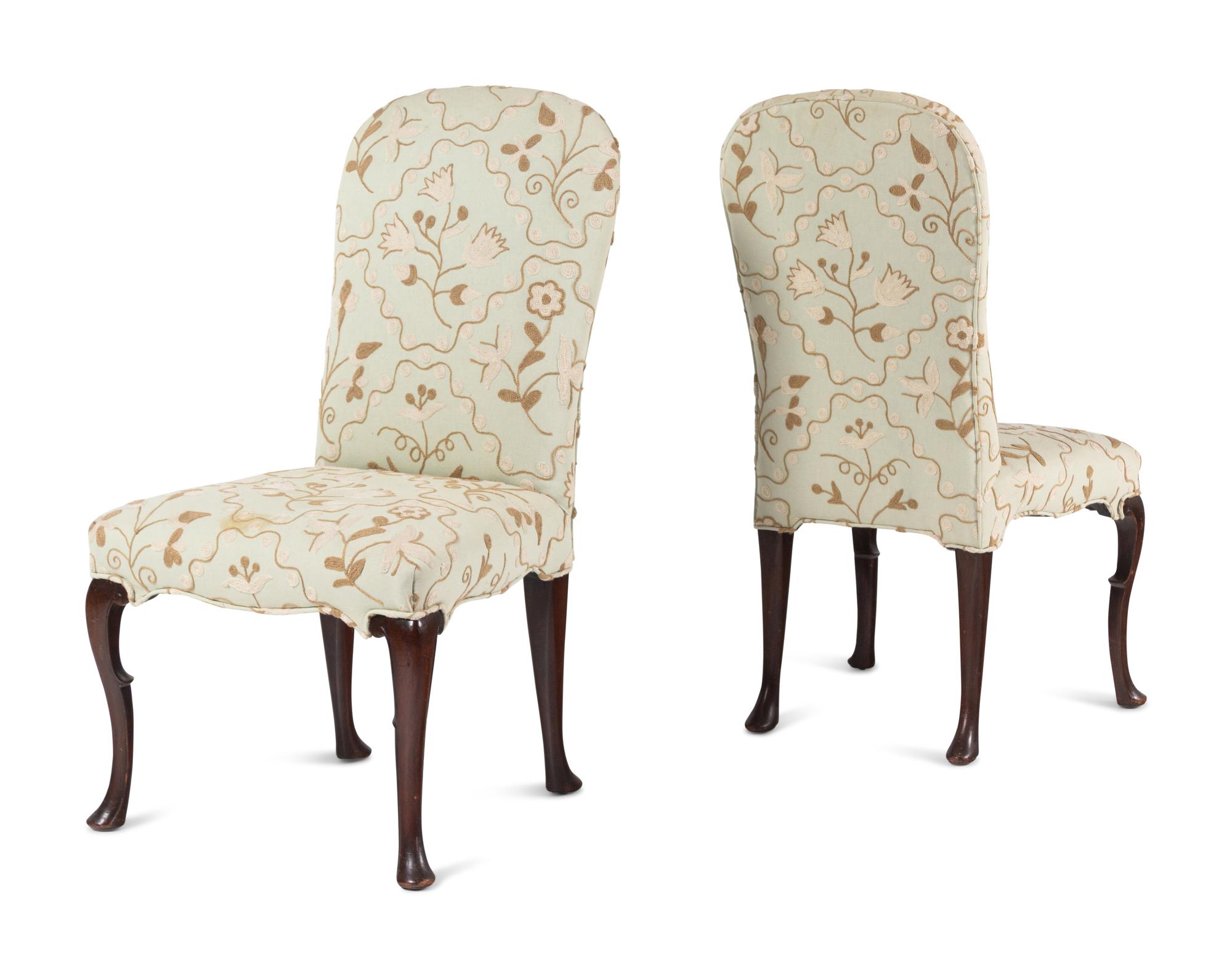 A Pair of Queen Anne Style Crewelwork Upholstered Walnut Side Chairs