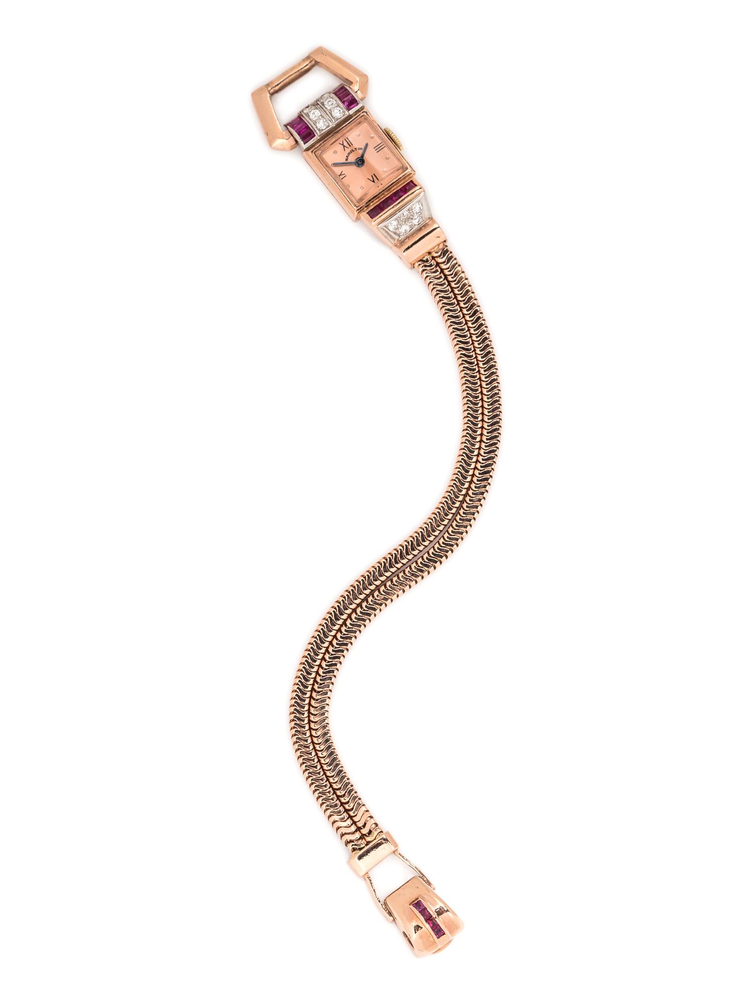 A Retro Rose Gold, Platinum, Diamond and Ruby Wristwatch, Hamilton,