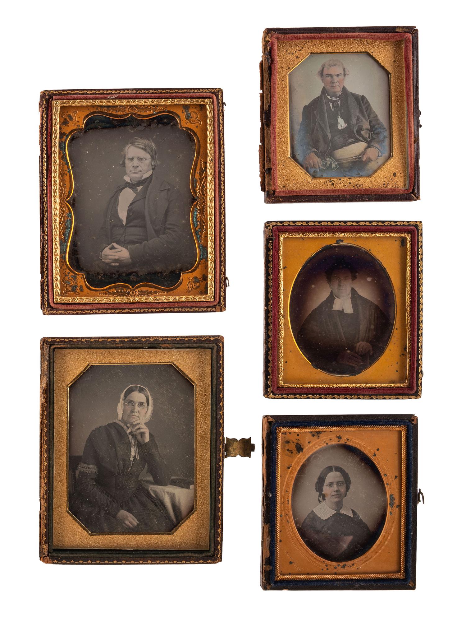 [EARLY PHOTOGRAPHY]. A group of 23 daguerreotype and tintype portraits of subjects with glasses, including: