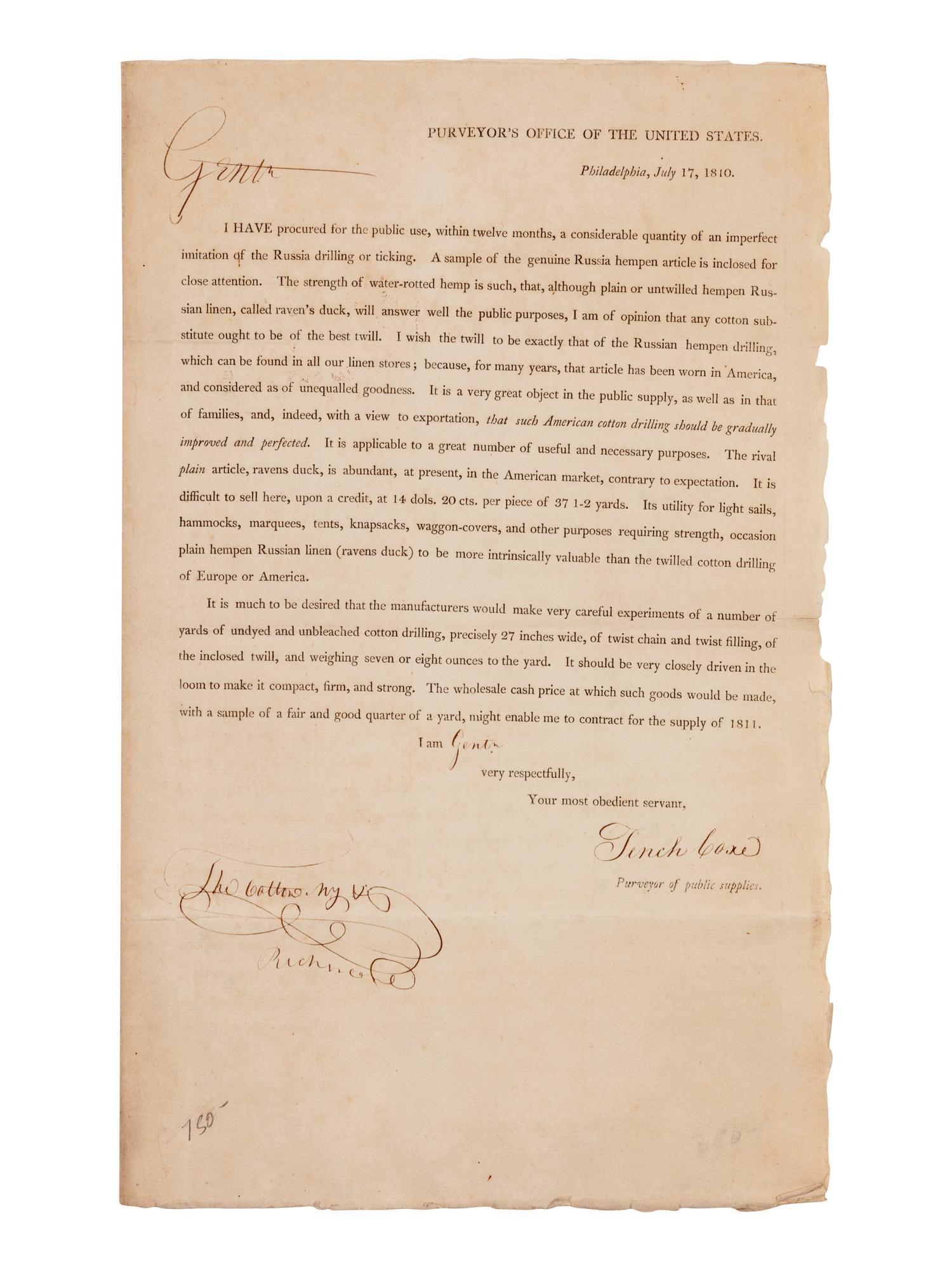 COXE, Tench (1755-1824), Pennsylvania delegate to the Continental Congress. Printed document signed ("Tench Coxe"), as purveyor of public supplies. Philadelphia, July 17, 1810. Additionally signed by Tho. Cotton.