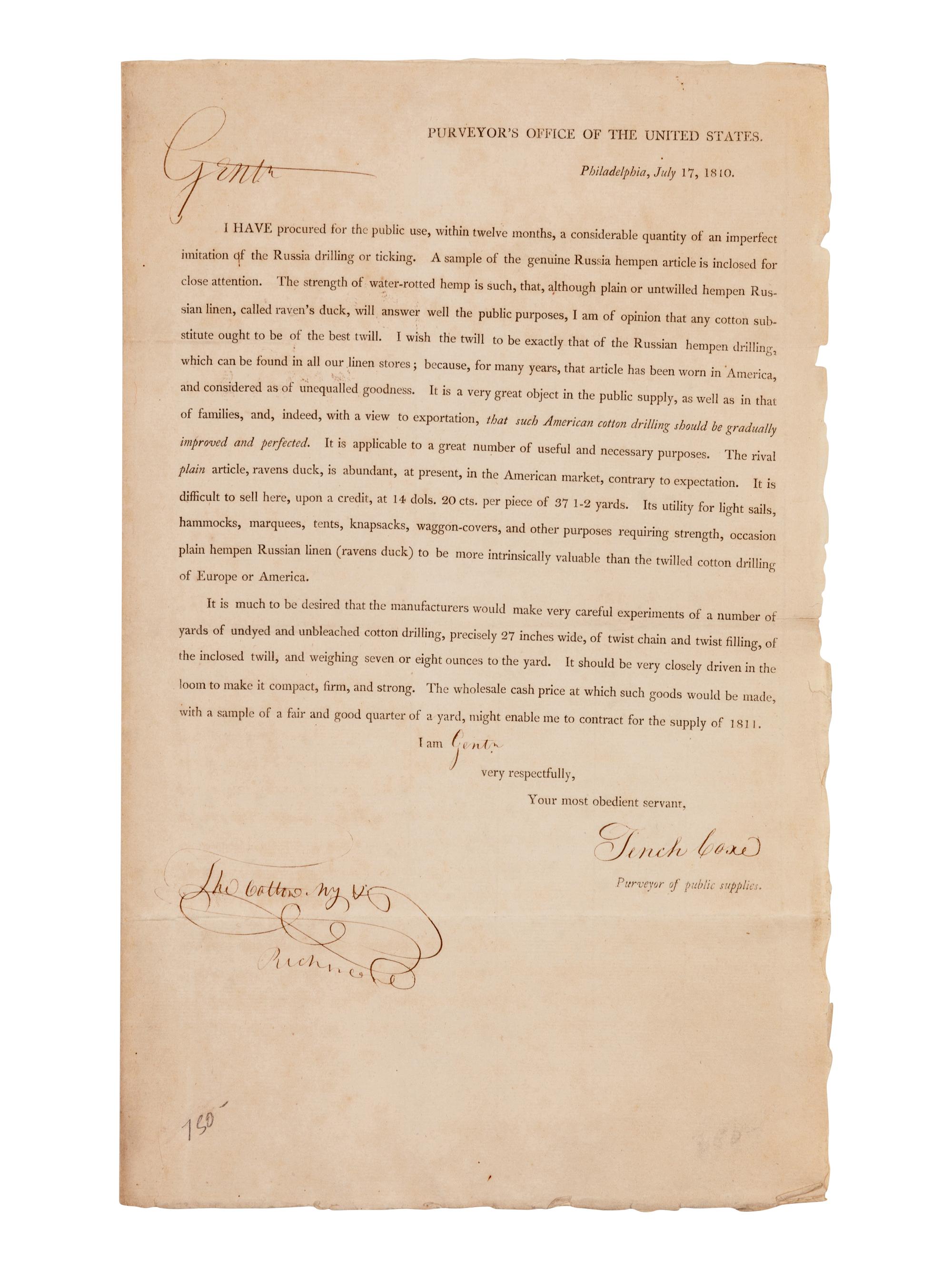 COXE, Tench (1755-1824), Pennsylvania delegate to the Continental Congress. Printed document signed ("Tench Coxe"), as purveyor of public supplies. Philadelphia, July 17, 1810. Additionally signed by Tho. Cotton.