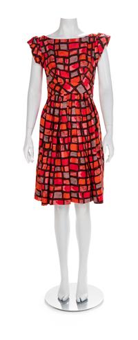 Galanos Red and Pink Square Patterned Dress, 1960-70s No size label