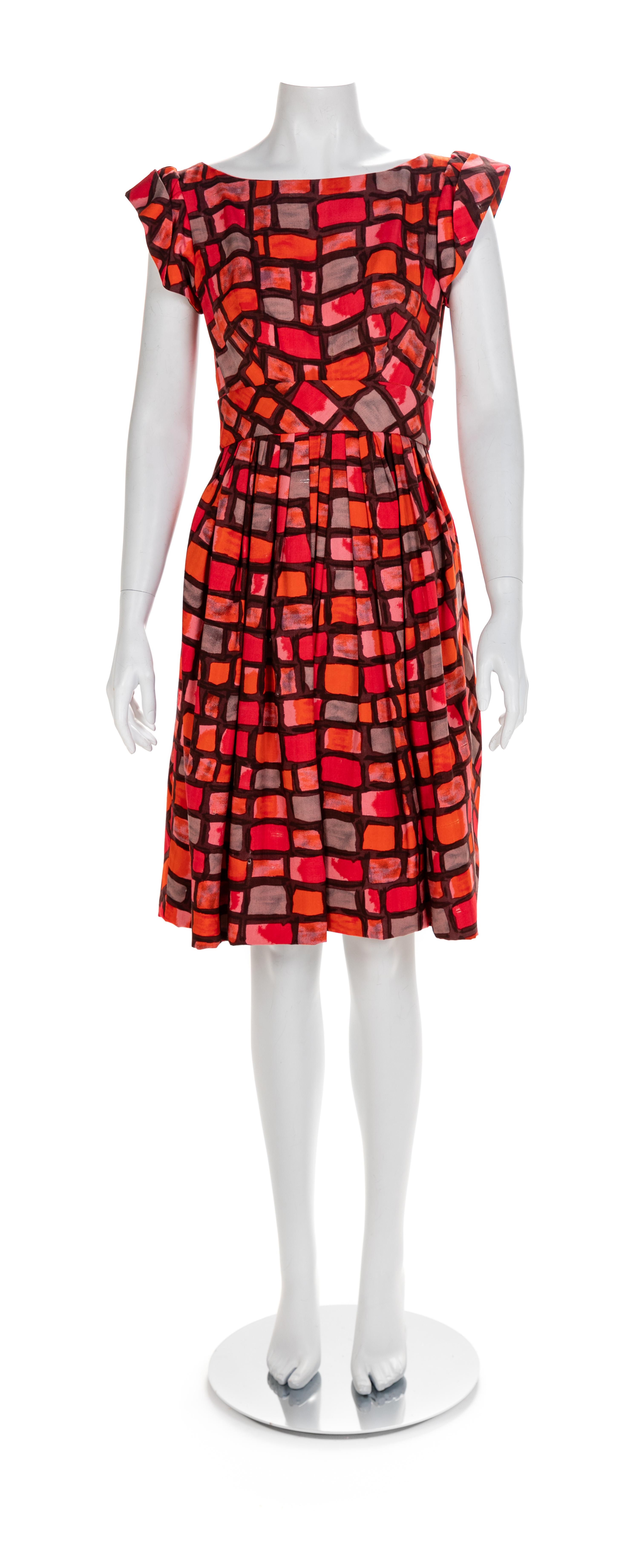Galanos Red and Pink Square Patterned Dress, 1960-70s No size label